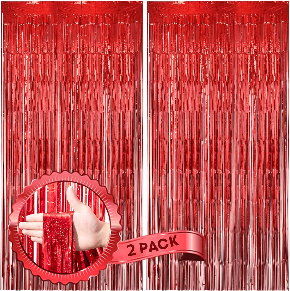 2 Pack Laser Red Foil Fringe Backdrop Curtains, Tinsel Streamers Birthday Party Decorations, Fringe