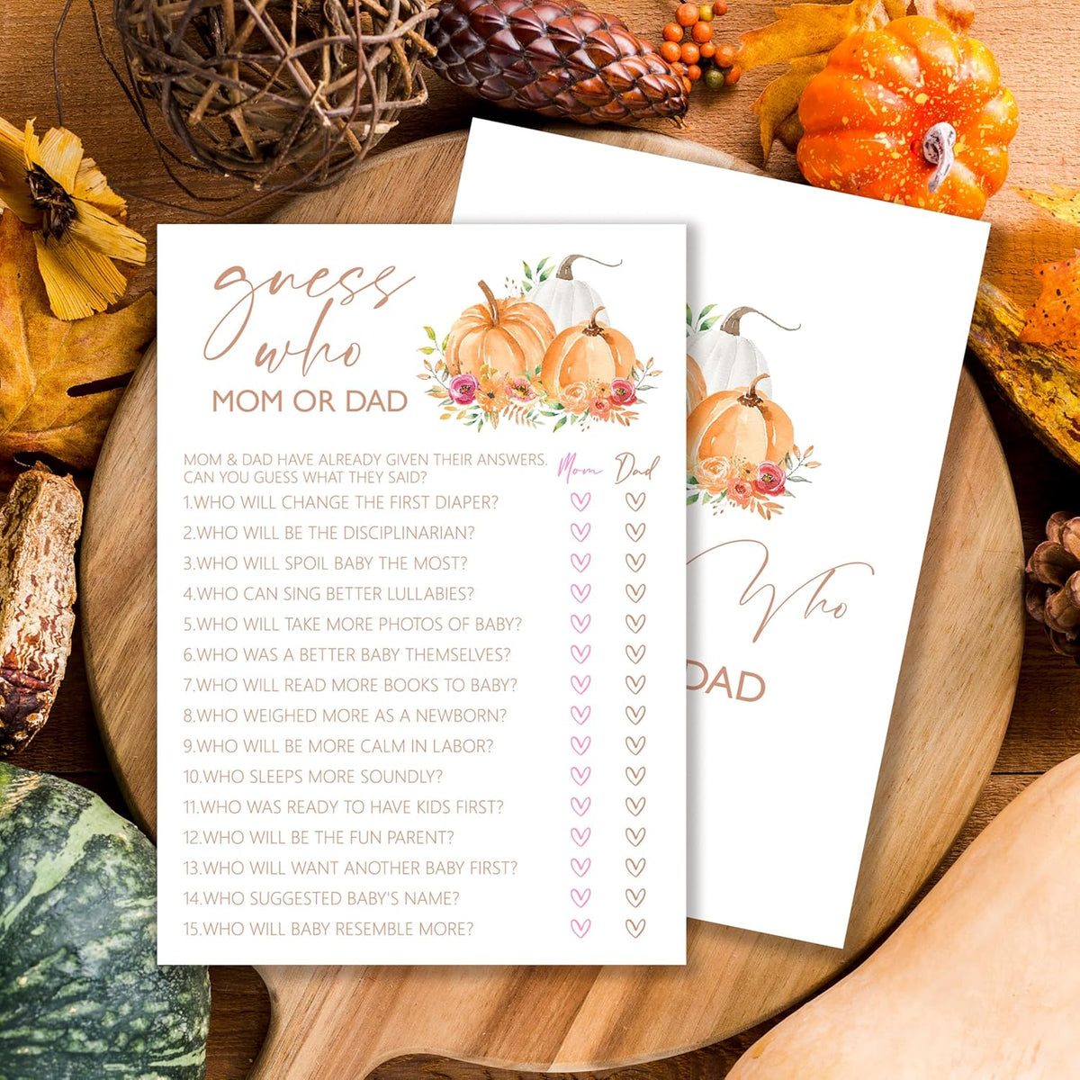 Baby Shower Games, Thanksgiving Guess Who Mom or Dad Game Cards, 25 Sets Baby Gender Reveal Party