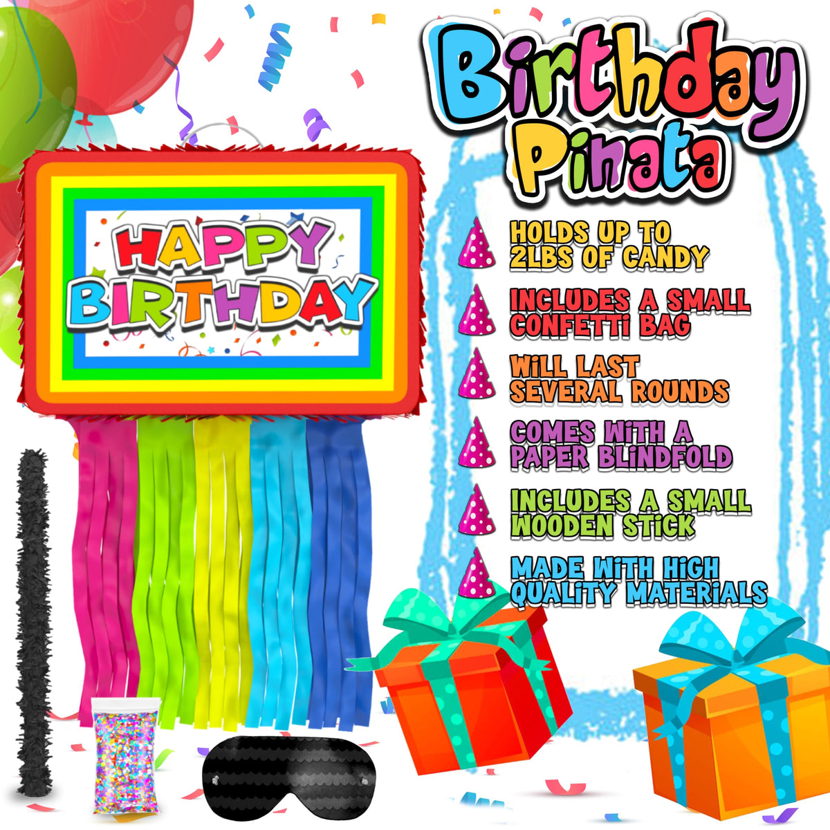 Jergrim Birthday Piñata 4-Piece Set great for Boy, Girl, and Adult party. Happy Birthday