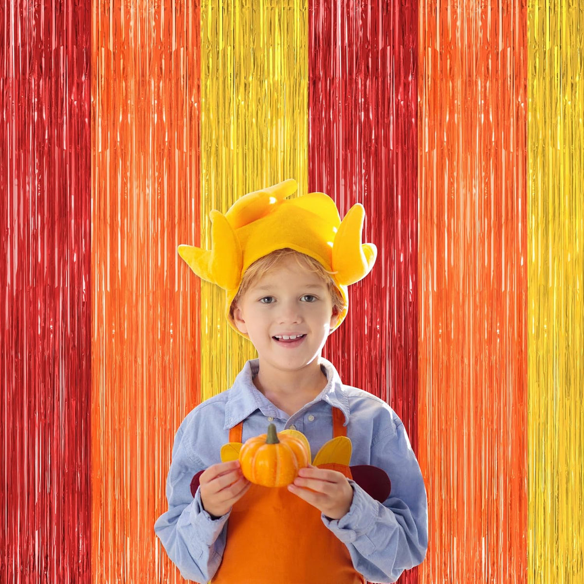 2 Pack Thanksgiving Backdrop, 3.28 FT x 7.05 FT Red Orange Gold Party Streamer, Metallic Fringe