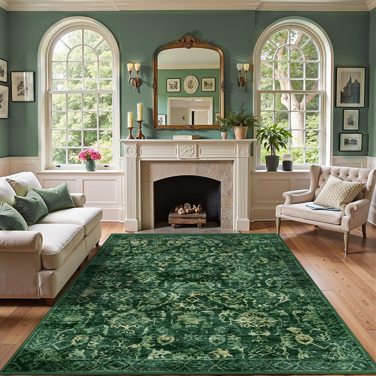 Deep Green Area Rugs 6x8 Rugs for Living Room, Washable Vintage Rugs for Bedroom, Distressed Throw