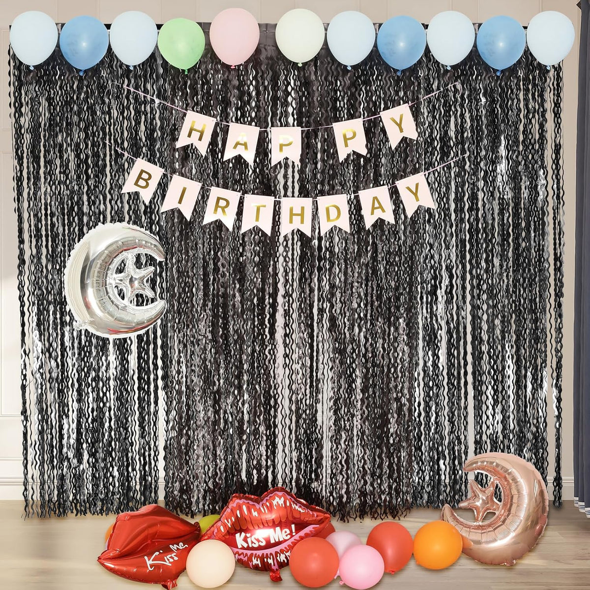 Black Foil Fringe Curtains Party Decorations - 4 Pack 3.3 ft x 6.6 ft Foil Party Curtain Streamer