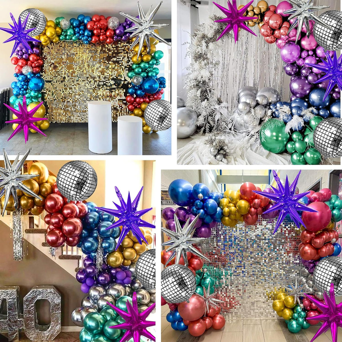 161pcs Shiny Chrome Balloon Garland Arch Kit Retro Disco Dance Party Decorations with 4D Disco Ball