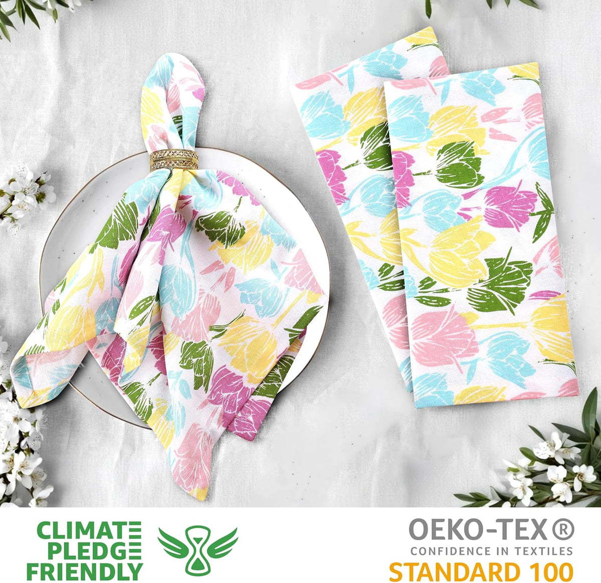 Urban Villa Easter Cloth Napkins Tulip Print 100% Cotton Absorbent Dinner Napkins (Set of 12)