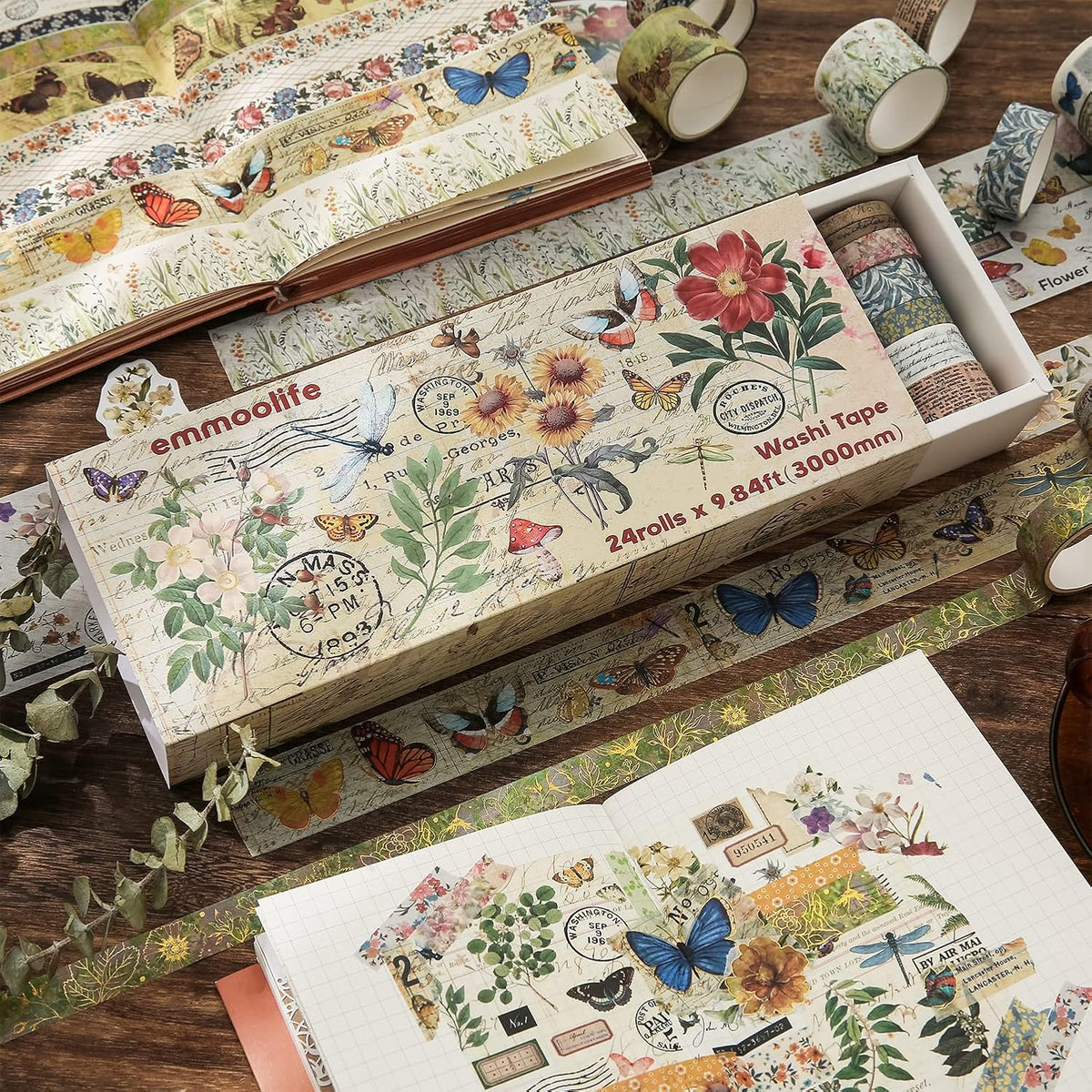 24 Rolls Vintage Washi Tape Set, Floral Letter Butterfly Mushroom Botanical Flower Writable