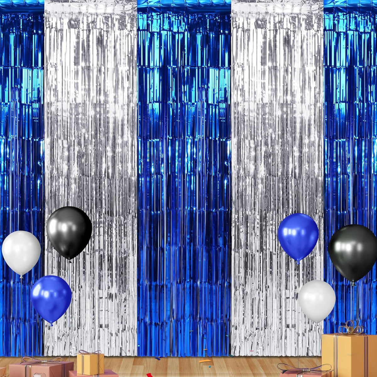 3Pack 3.3Ft x 6.6Ft Graduation Foil Fringe Curtain Backdrop Decorations, Blue Silver Metallic