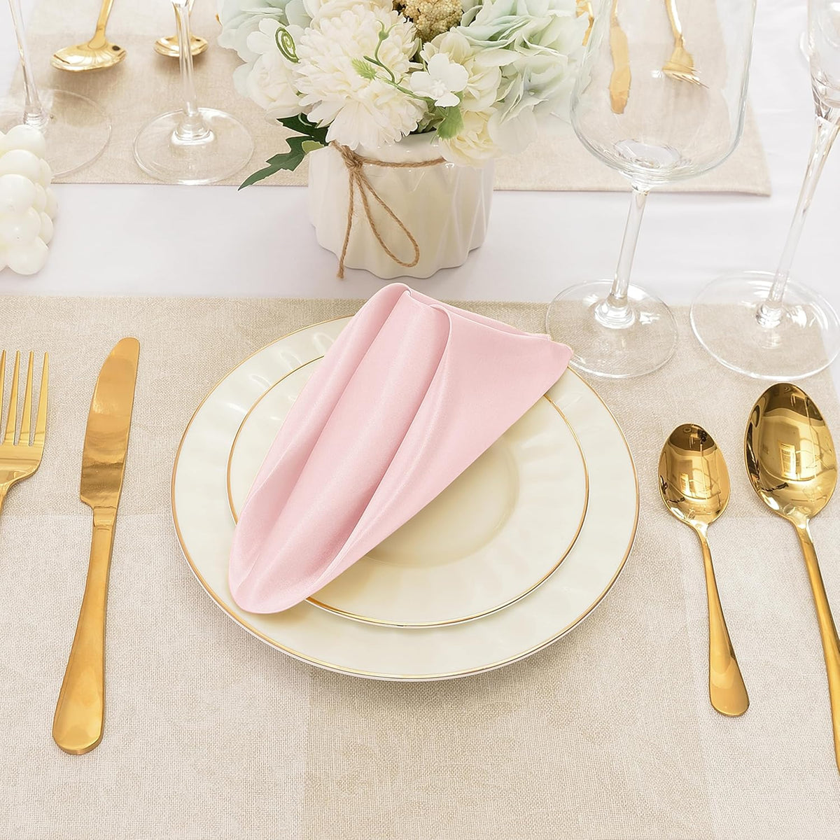 50 Pieces Light Pink Satin Napkins, 17" x 17" Square Table Napkins, Silky Soft Smooth Washable