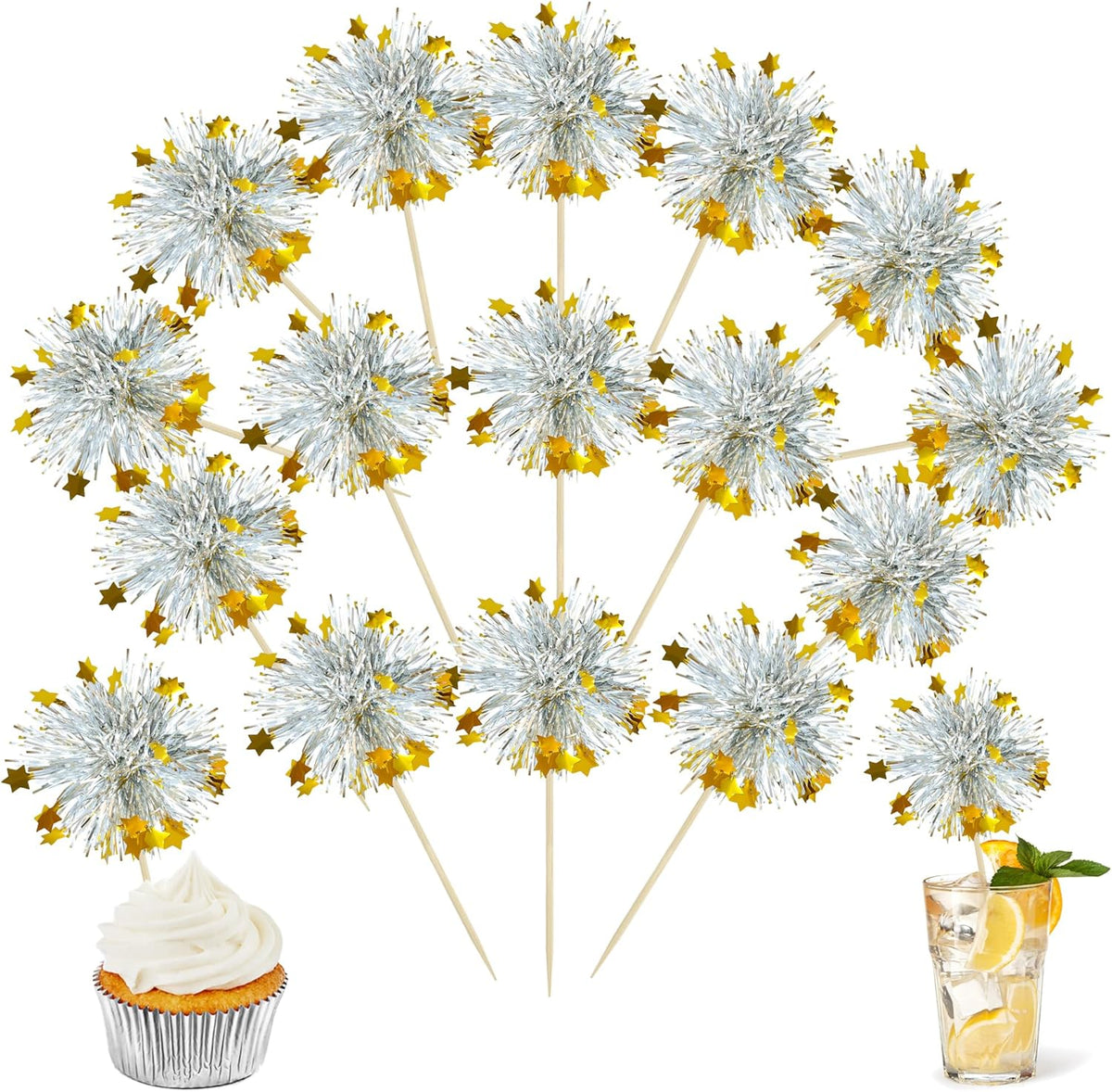 Ephlyn 30Pcs Foil Firework Cupcake Toppers Sparkle Tinsel Cupcake Picks Happy Birthday Cake