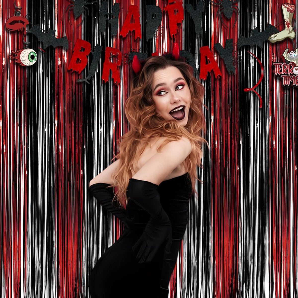 Black Red Party Streamers Backdrop - GREATRIL Foil Fringe Tinsel for Stranger/Friday