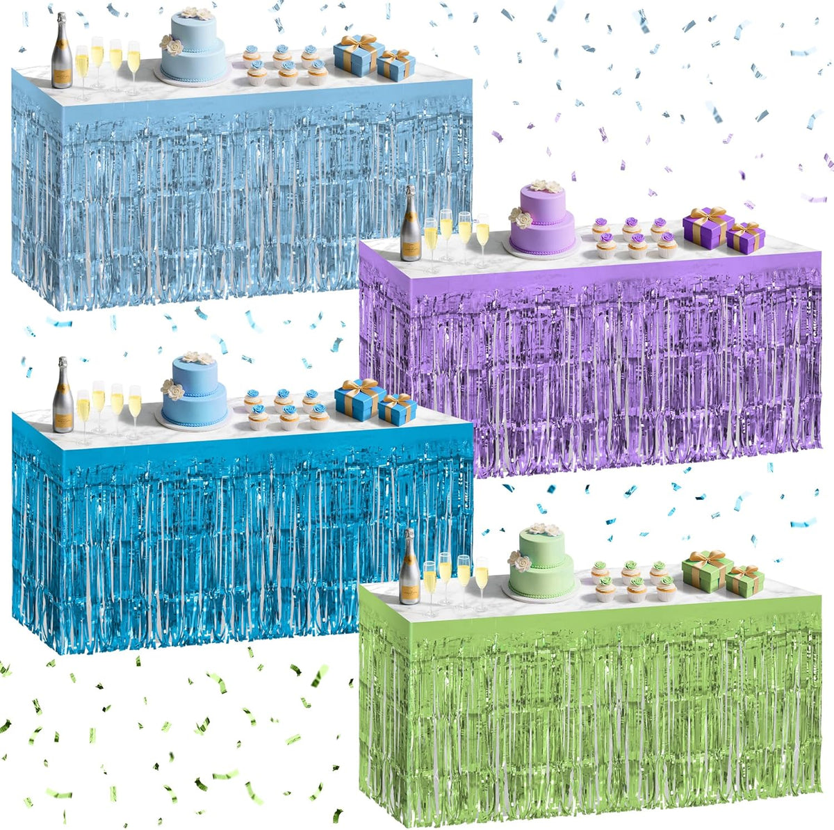4 Pack Blue Lime Green Purple Series Table Skirts, 29x108" Metallic Foil Tinsel Fringe Table Skirt