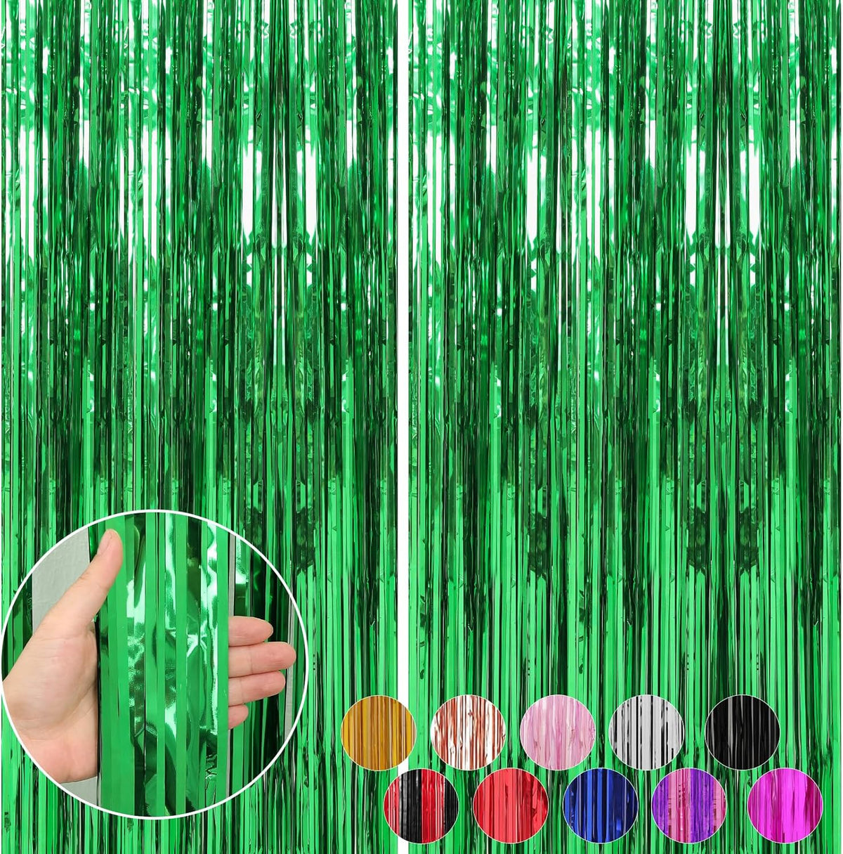 2 Pack Green Foil Fringe Curtains Streamers Party Decorations 3.3 x 8.2 ft, Tinsel Curtain Fringe
