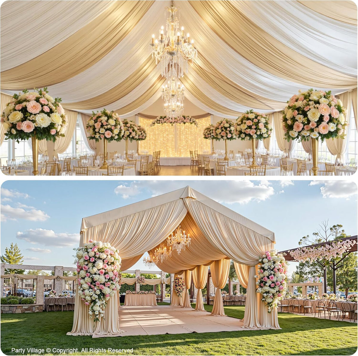 PartyVillage 2 Panels 5ftx30ft Beige Ceiling Drapes for Wedding Parties – 30 FT Extra Long Thick