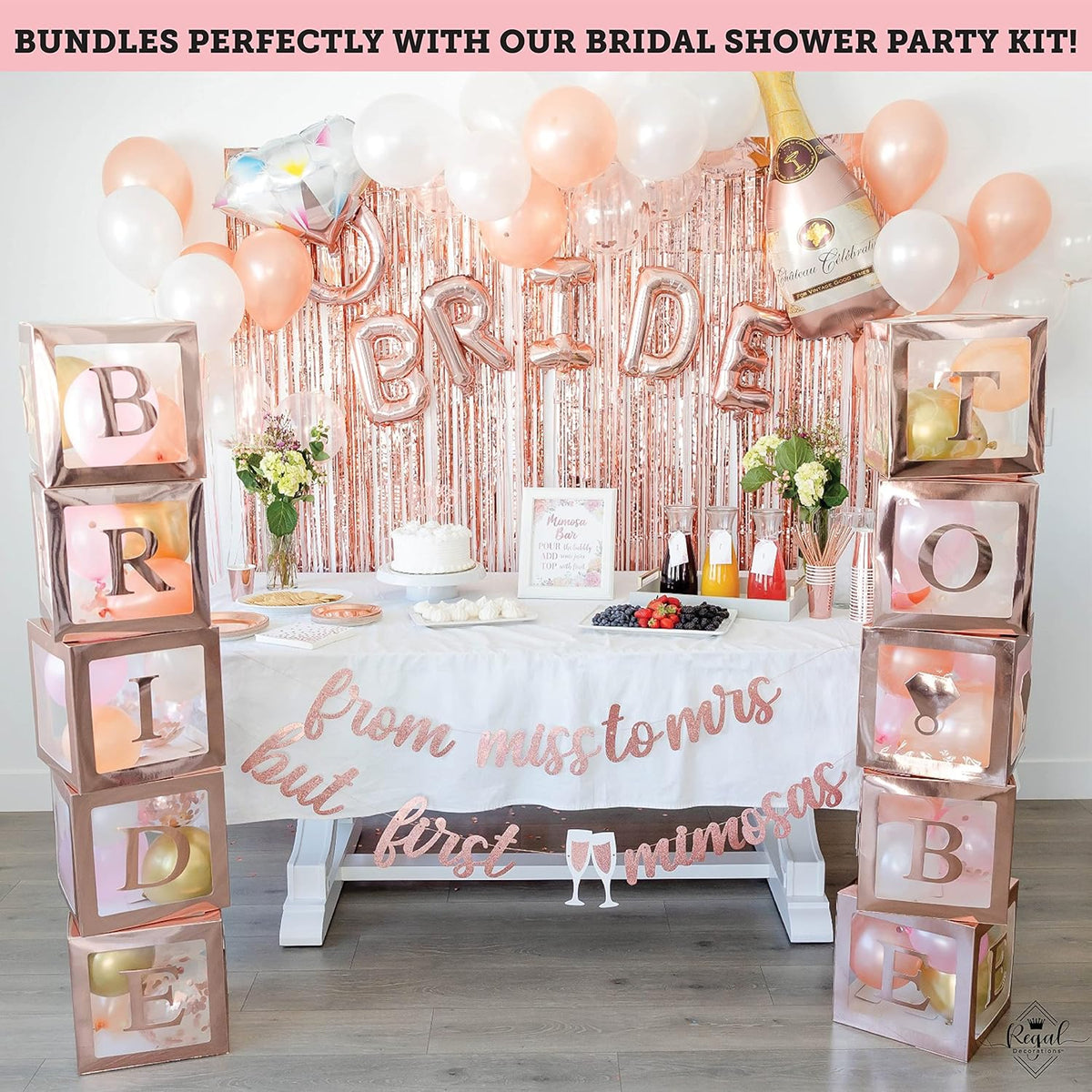 96 PC Bridal Shower Decorations Balloon Boxes Rose Gold - Transparent Block with BRIDE TO BE +