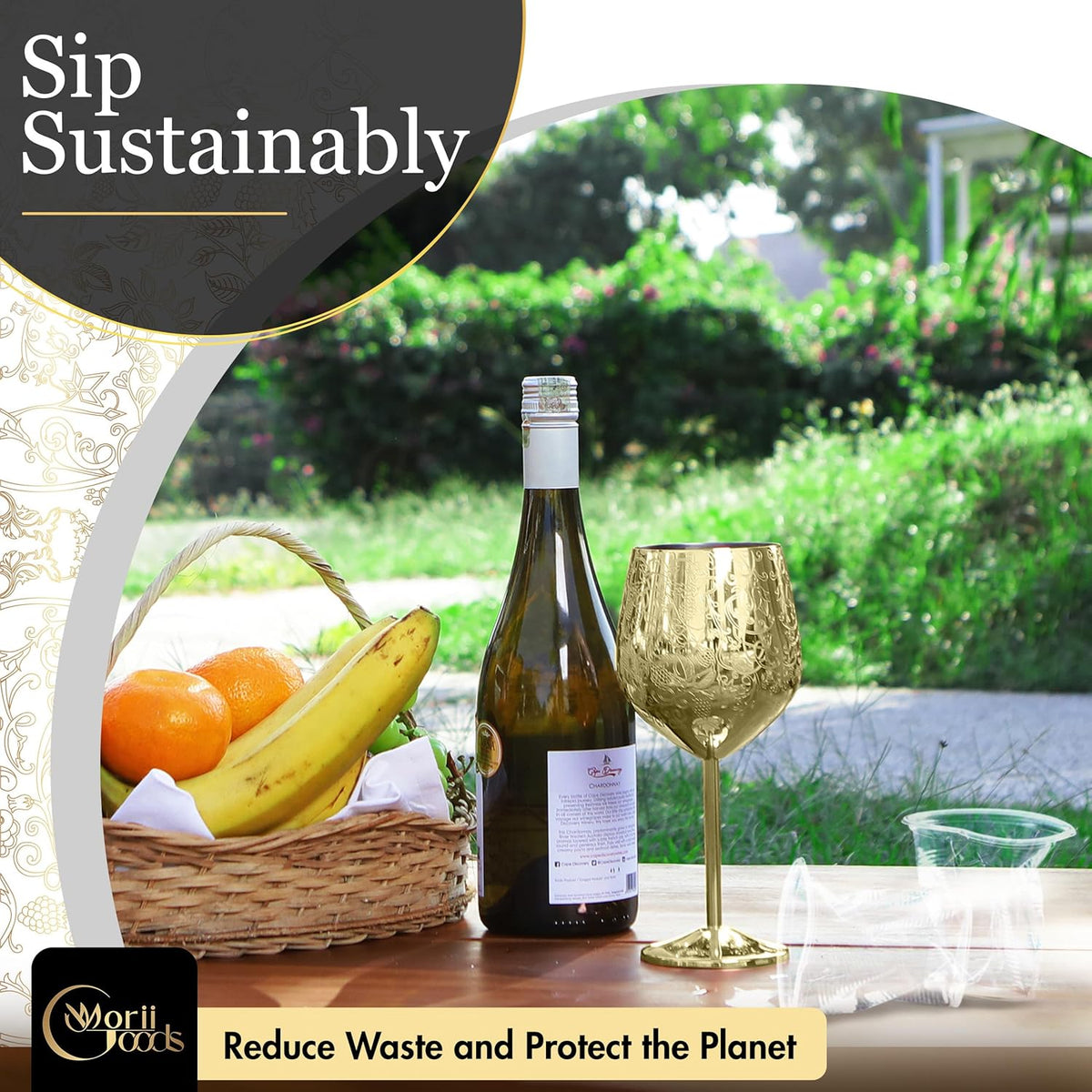 Stainless Steel Wine Glasses - Set of 2 Etched 16 oz Metal Goblets, Unbreakable Gold Cups for