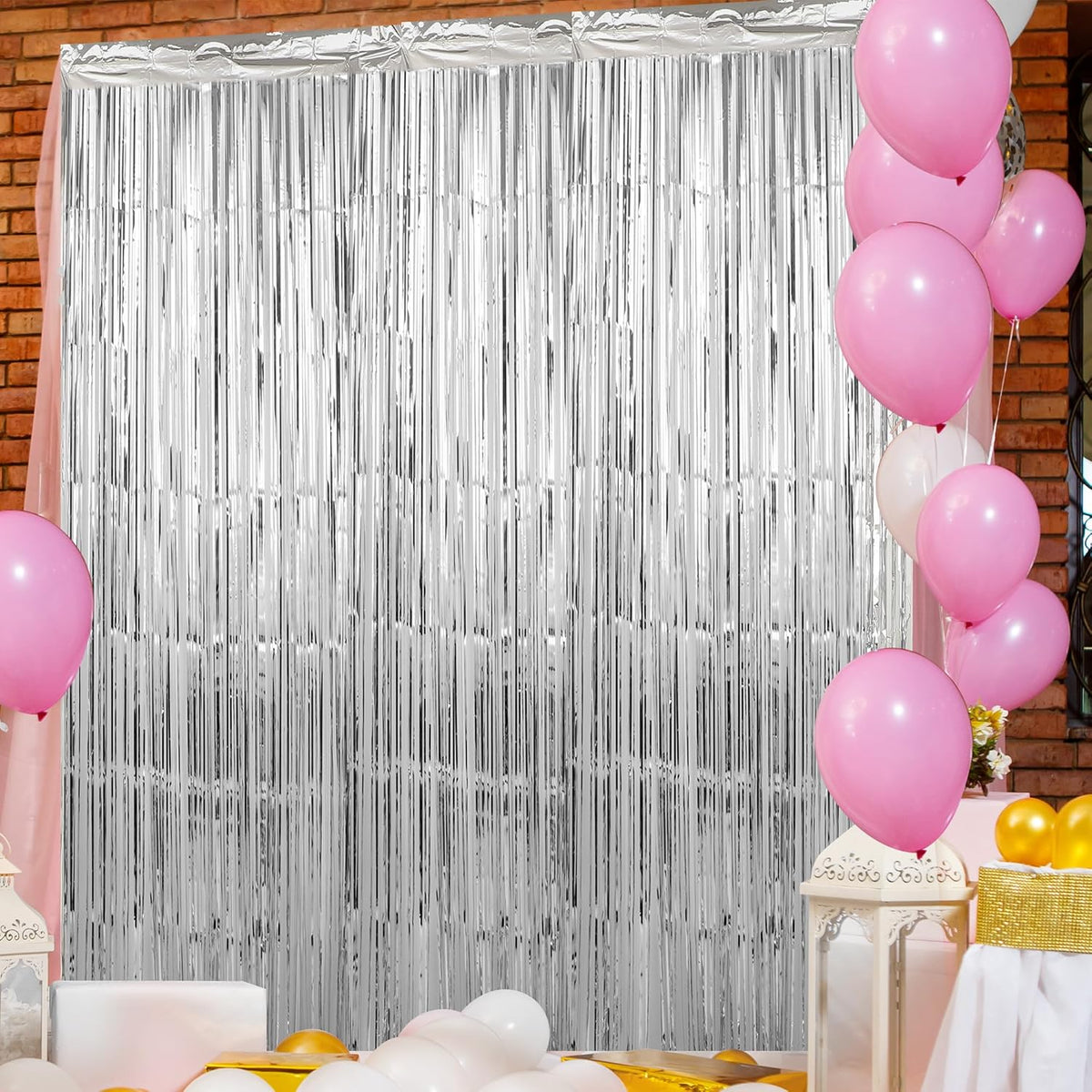 Crosize 2 Pack 3.3 x 9.9 ft Silver Foil Fringe Backdrop Curtain, Streamer Backdrop Curtains