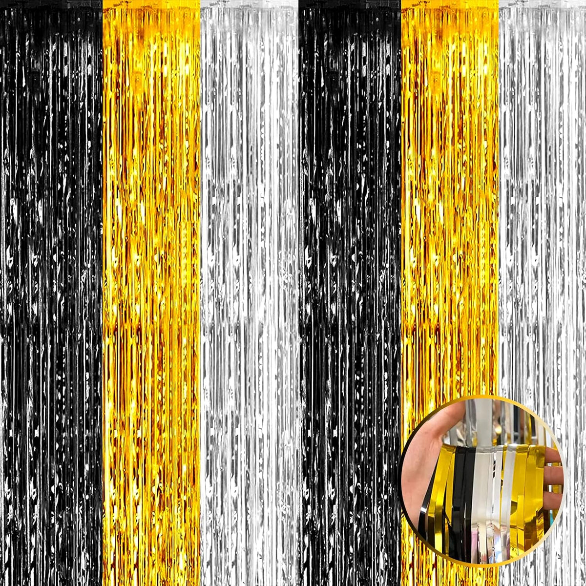 4 Pack Black Gold Silver Foil Fringe Curtain Backdrop, 3.28Ft x 9.8Ft Metallic Tinsel Foil Fringe
