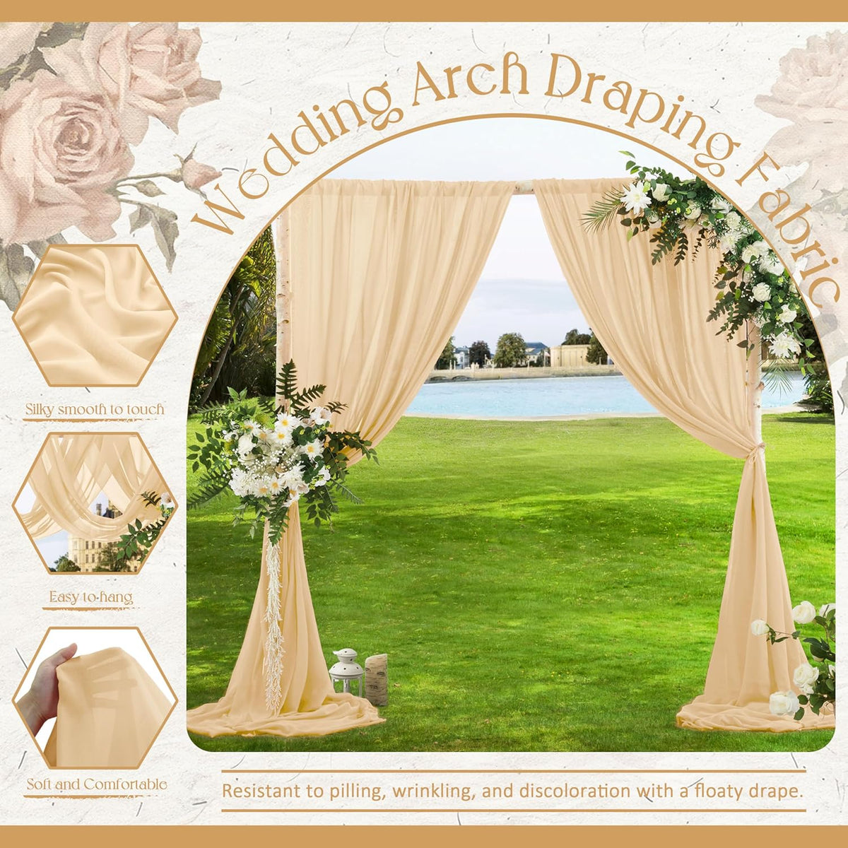 VACVELT Wedding Arch Draping Fabric Champagne Chiffon, 1 Panel Sheer Drapes 30 Inch x 20ft Chiffon