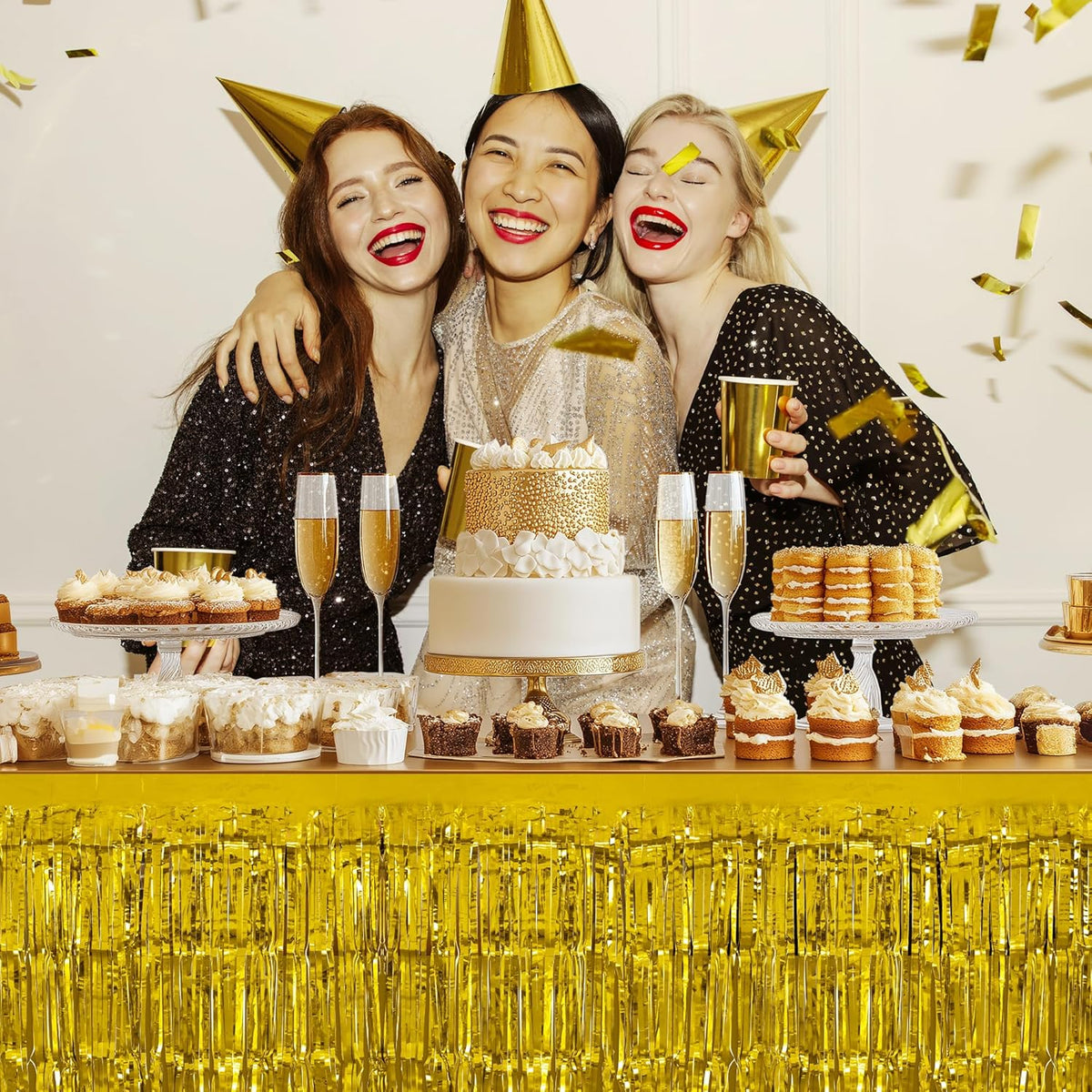 2 Pack Gold Table Skirts, 29x108" Metallic Foil Tinsel Fringe Table Skirts for Rectangle Tables