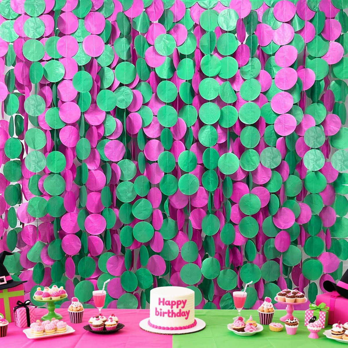 205 Ft Hot Pink and Green Party Decorations Circle Dot Backdrop Garland Tissue Paper Polka Dots