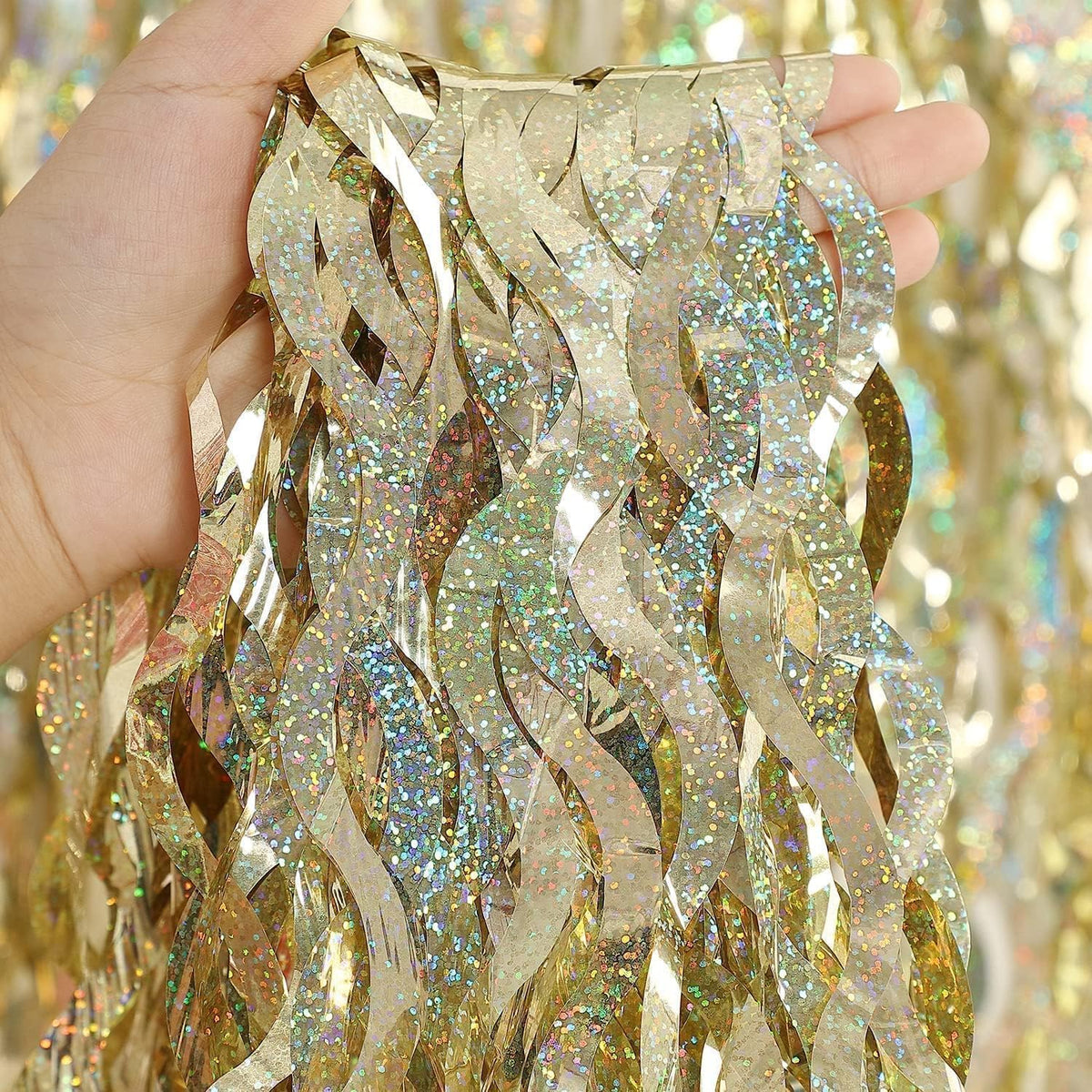 4 Pack Champagne Gold Fringe Curtain Backdrop - CYLMFC 3.3 ft x 6.6 ft Shimmer Wavy Foil Curtain