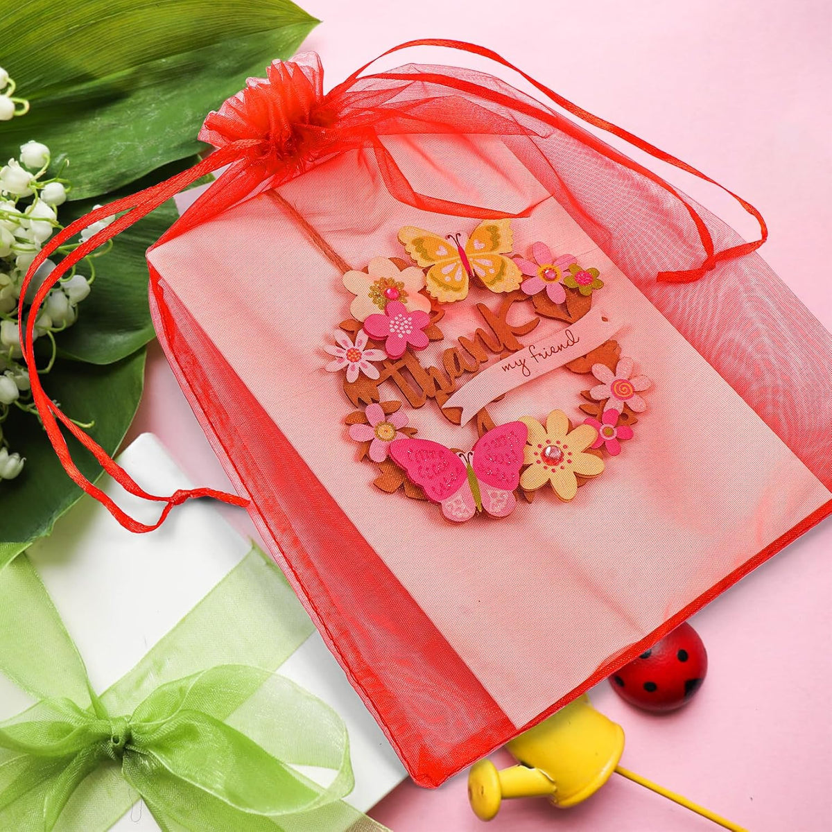 ANZNKU 50 Pack Red Organza Bags 6x9 inches Mesh Bags Drawstring, Sheer Mesh Bag Drawstring, Gift