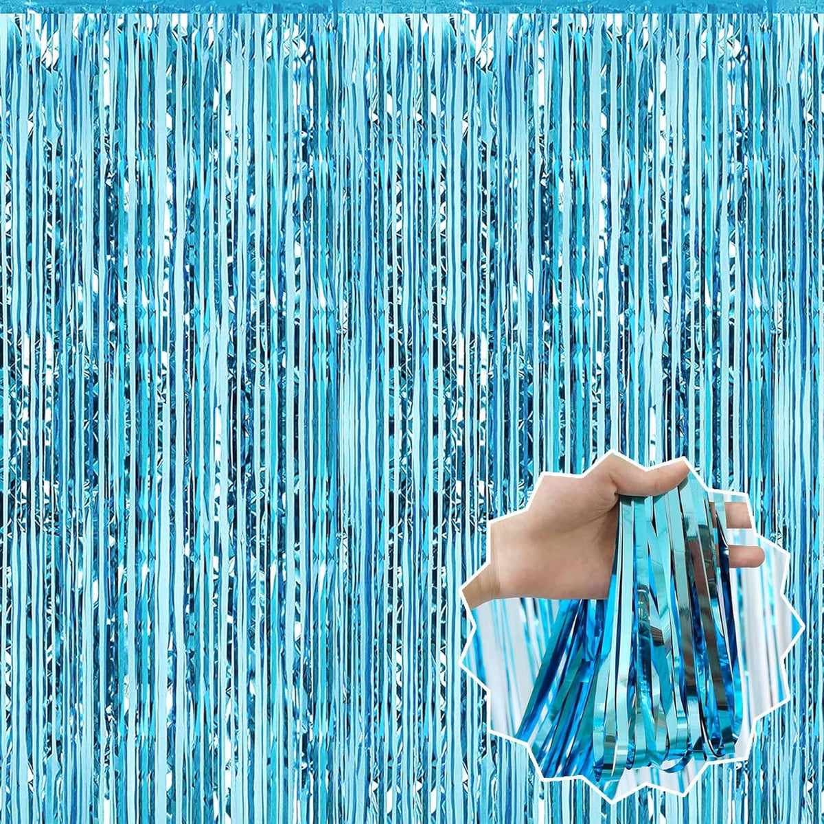 6 Pack Light Blue Foil Fringe Curtains Backdrop, 3.28 x 8.2 Ft Metallic Streamers Tinsel Curtains