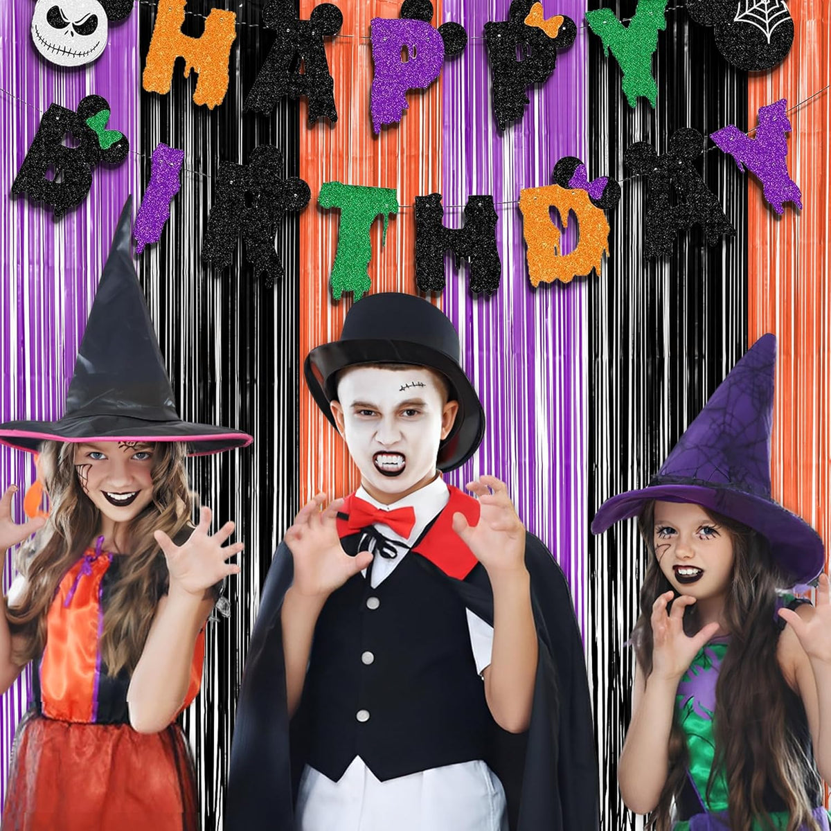 Black Purple Orange Party Streamers - GREATRIL Foil Fringe Backdrop for Hocu Birthdays Halloween