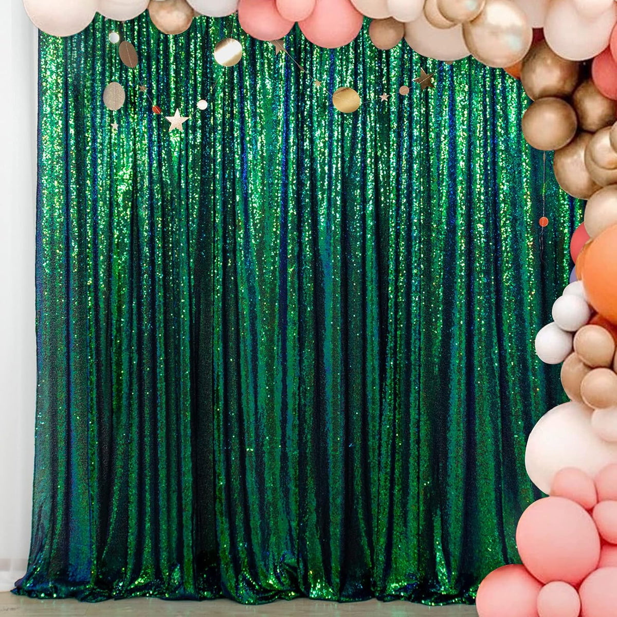 ShinyBeauty Iridescent Green Sequin Backdrop 10FTx10FT Photo Backdrops Green Blue Curtains 10FT