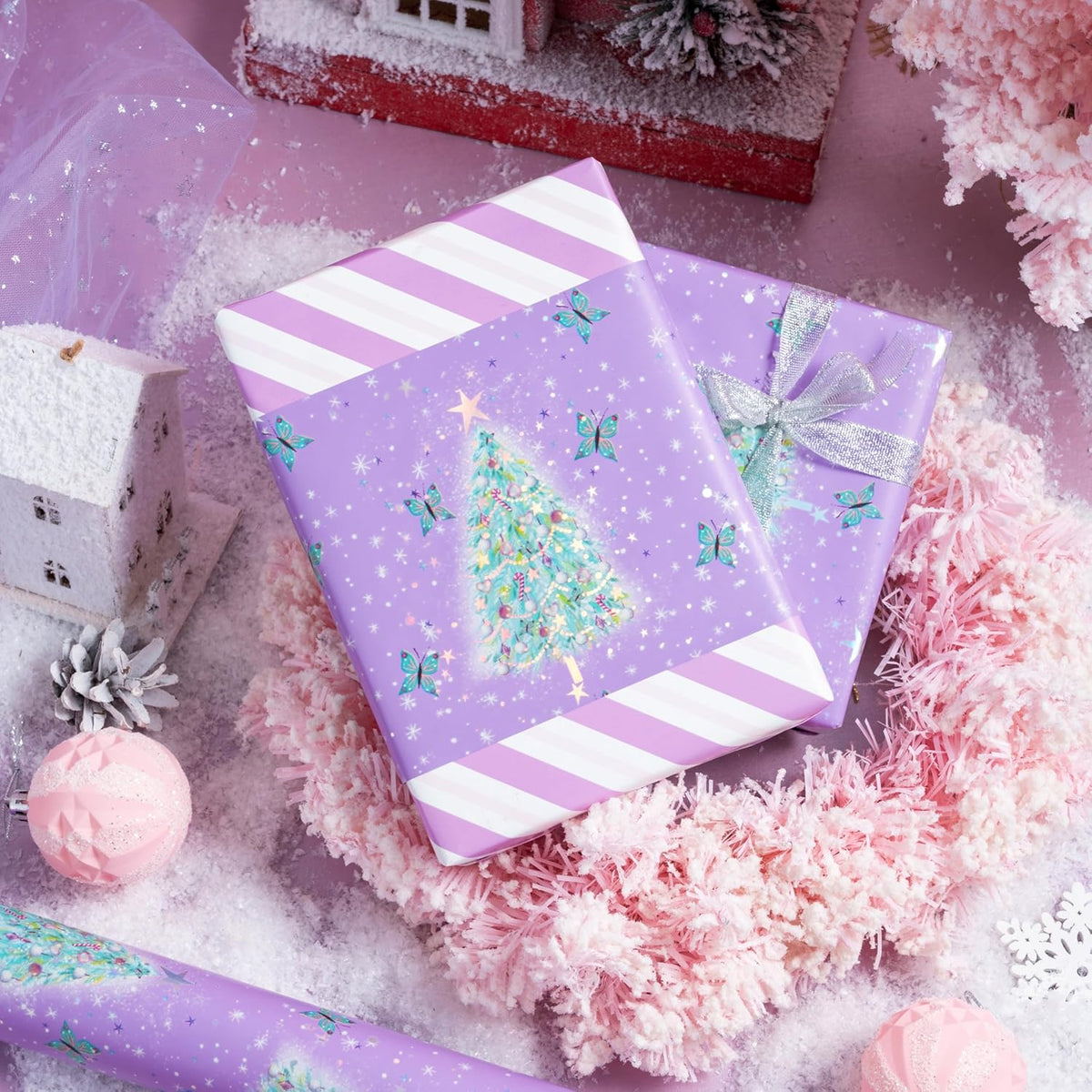 LeZakaa Christmas Purple Wrapping Paper Mini Roll, Christmas Tree Butterfly, Pink Purple Stripe