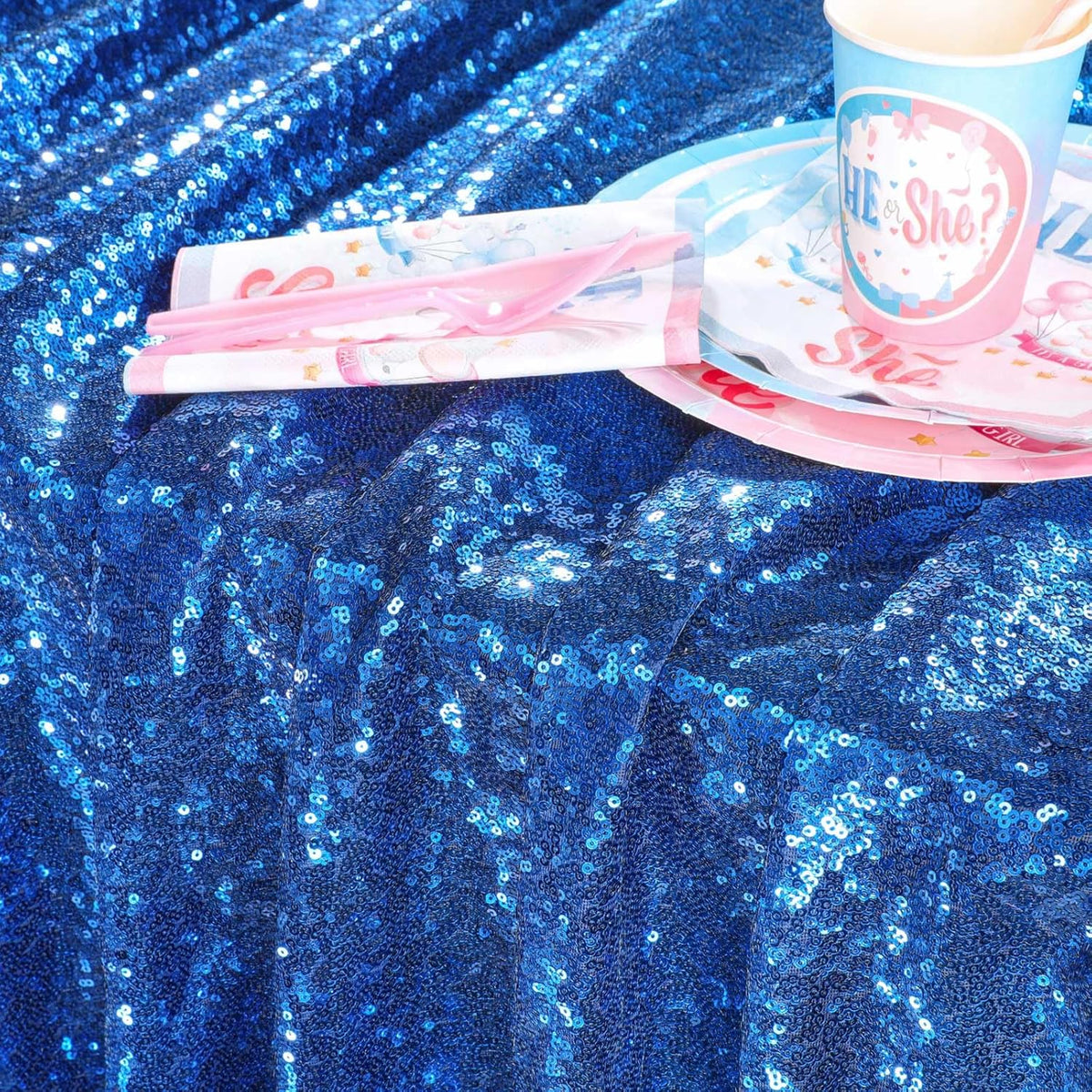 QueenDream Royal Blue Sequin Tablecloth for Party: Sparkly Tablecloth 90x156 - Royal Blue Table