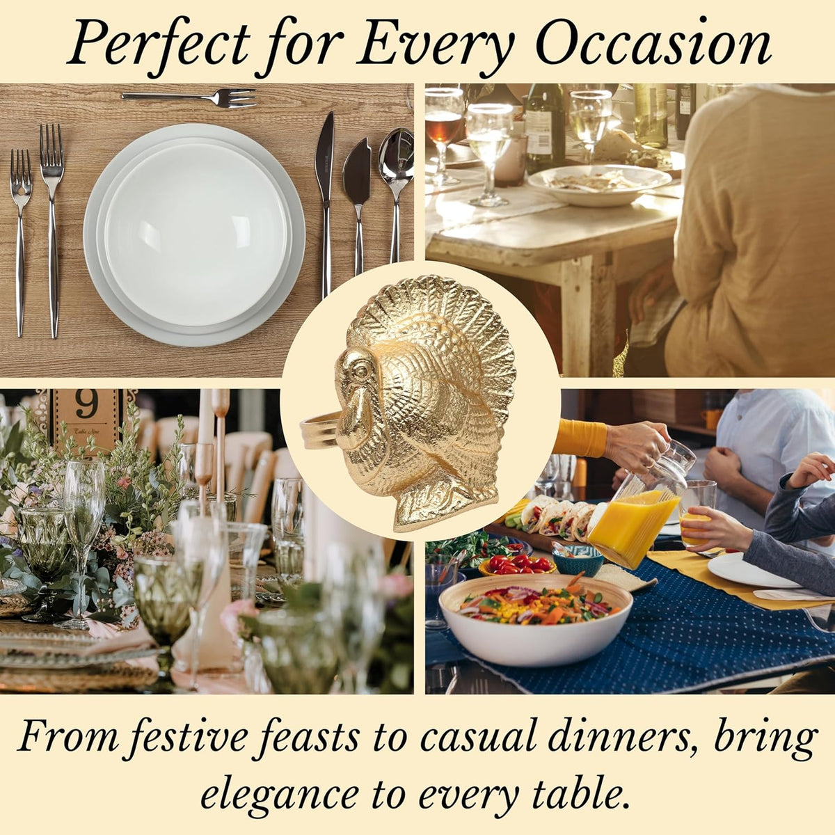Turkey Bird Gold Napkin Rings Set of -12 for Dinner Parties, Weddings Receptions, Family