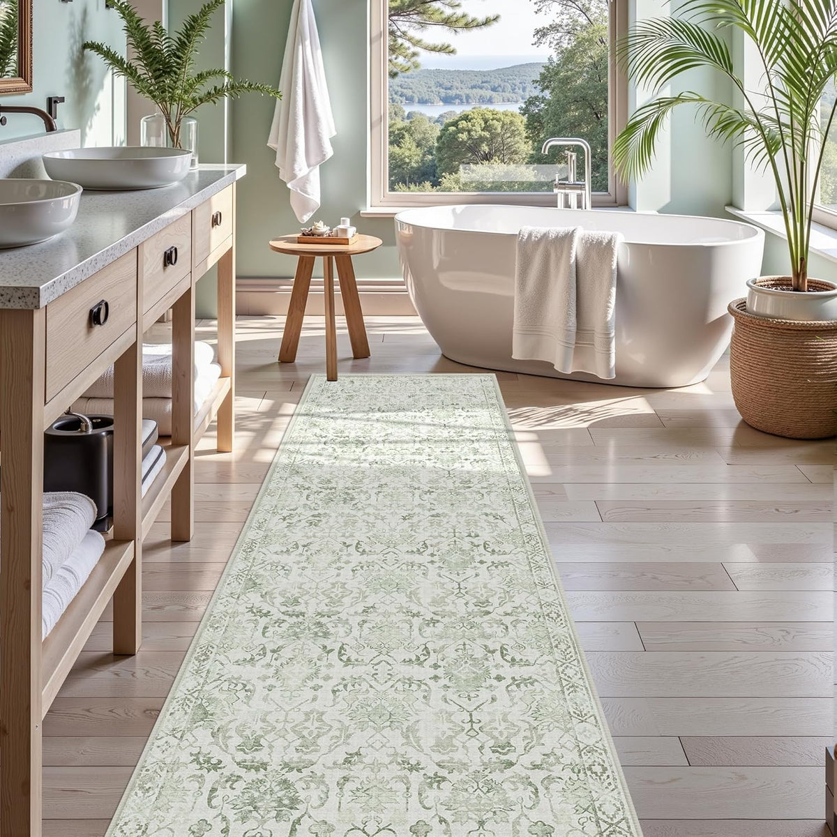 Sage 3x12 Runner Rug for Hallways Bed Side Kitchen, Boho Washable Distressed Low-Pile Floor