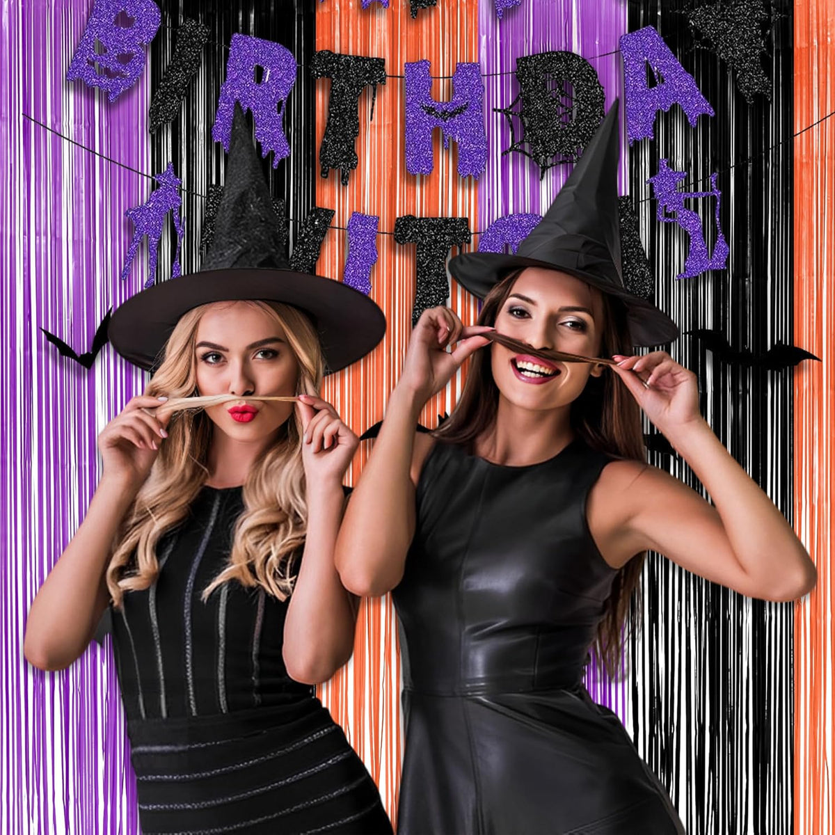 Black Purple Orange Party Streamers - GREATRIL Foil Fringe Backdrop for Hocu Birthdays Halloween