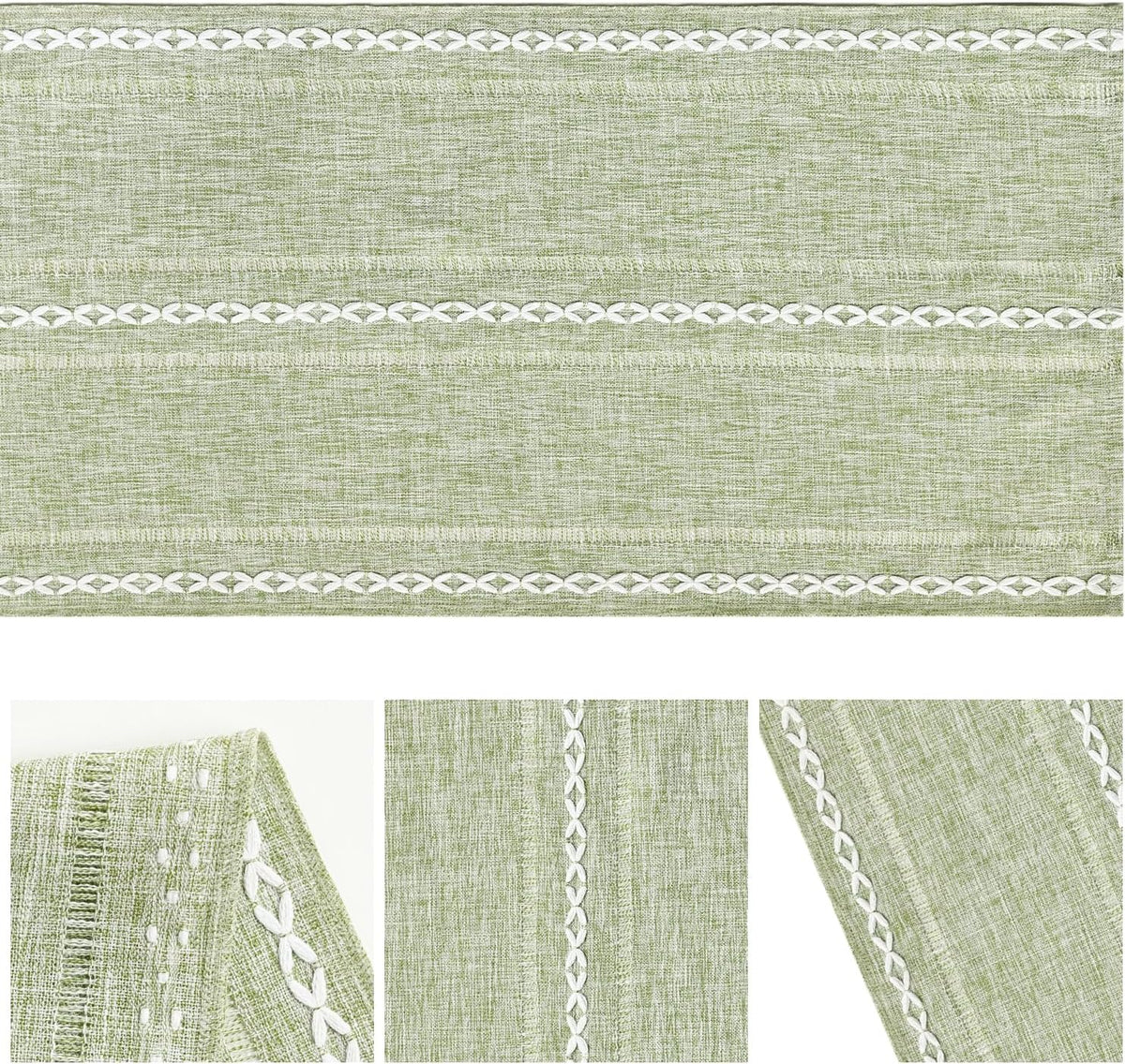 Artoid Mode Sage Green Rustic Cotton Linen Table Runner, Seasonal Embroidered Hollow Kitchen Dining