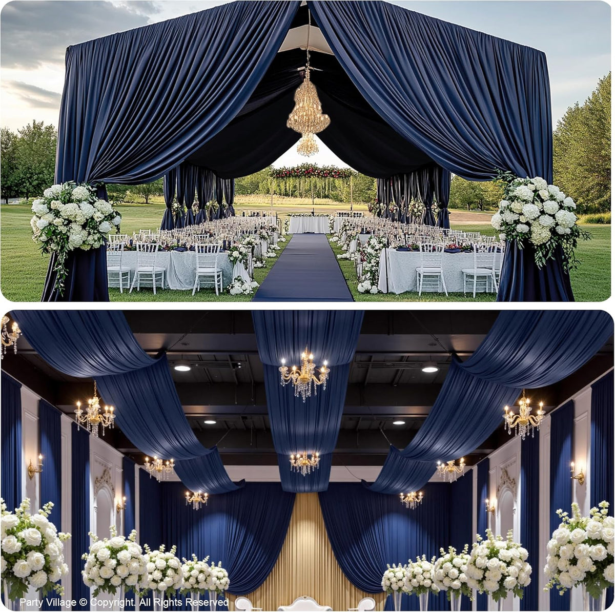 PartyVillage 50ftx40ft Navy Blue Ceiling Curtain for Wedding Parties – 10 Panels Wrinkle-Free 40 FT