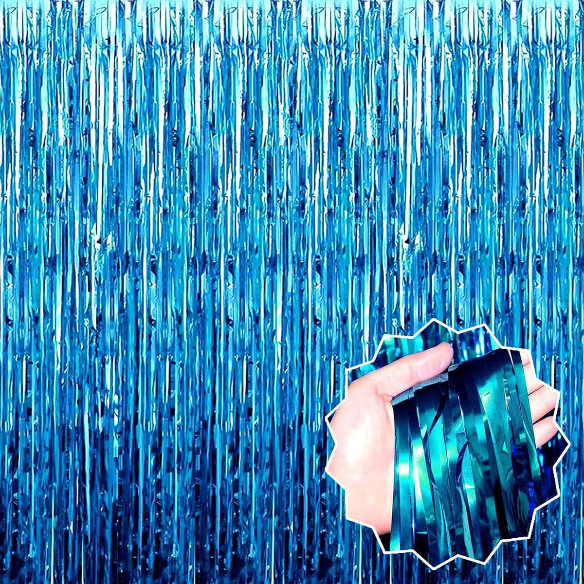 6 Pack Lake Blue Foil Fringe Curtains Backdrop, 3.28 x 8.2 Ft Metallic Streamers Tinsel Curtains