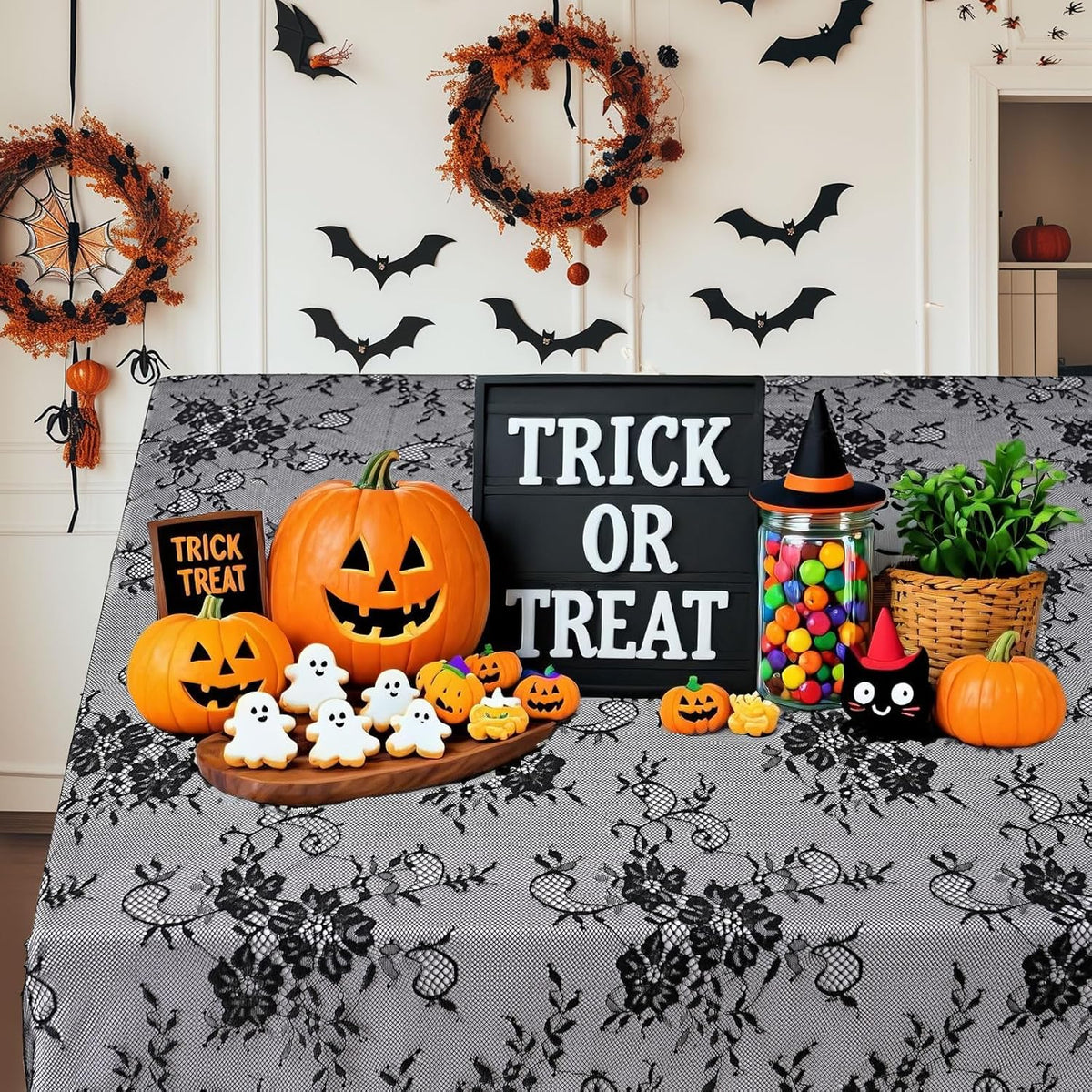Black Tablecloth Halloween Lace Table Fabric 2pcs 60x120 Inch for Scary Movies Rustic Wedding