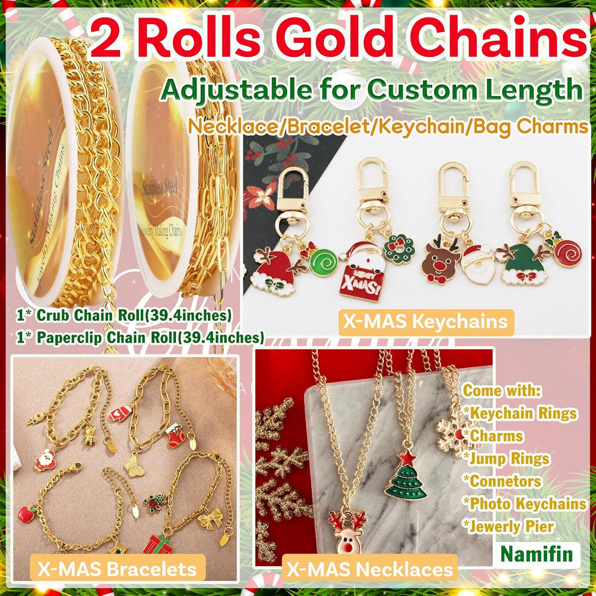 Namifin 374 Pcs Christmas Keychain Making Kit with Charms & Keychain Clips - DIY Bag Charms, Pearl