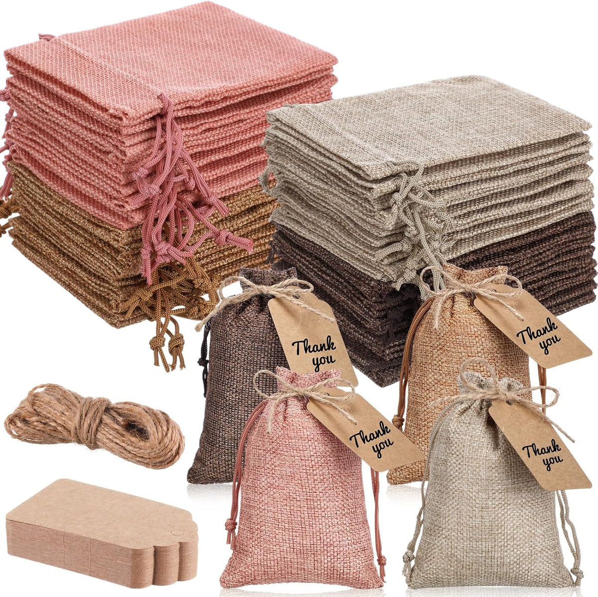 Woanger 100 Pcs Burlap Gift Bags with 100 Pcs Kraft Paper Gift Tags Drawstring Favor Bulk Burlap