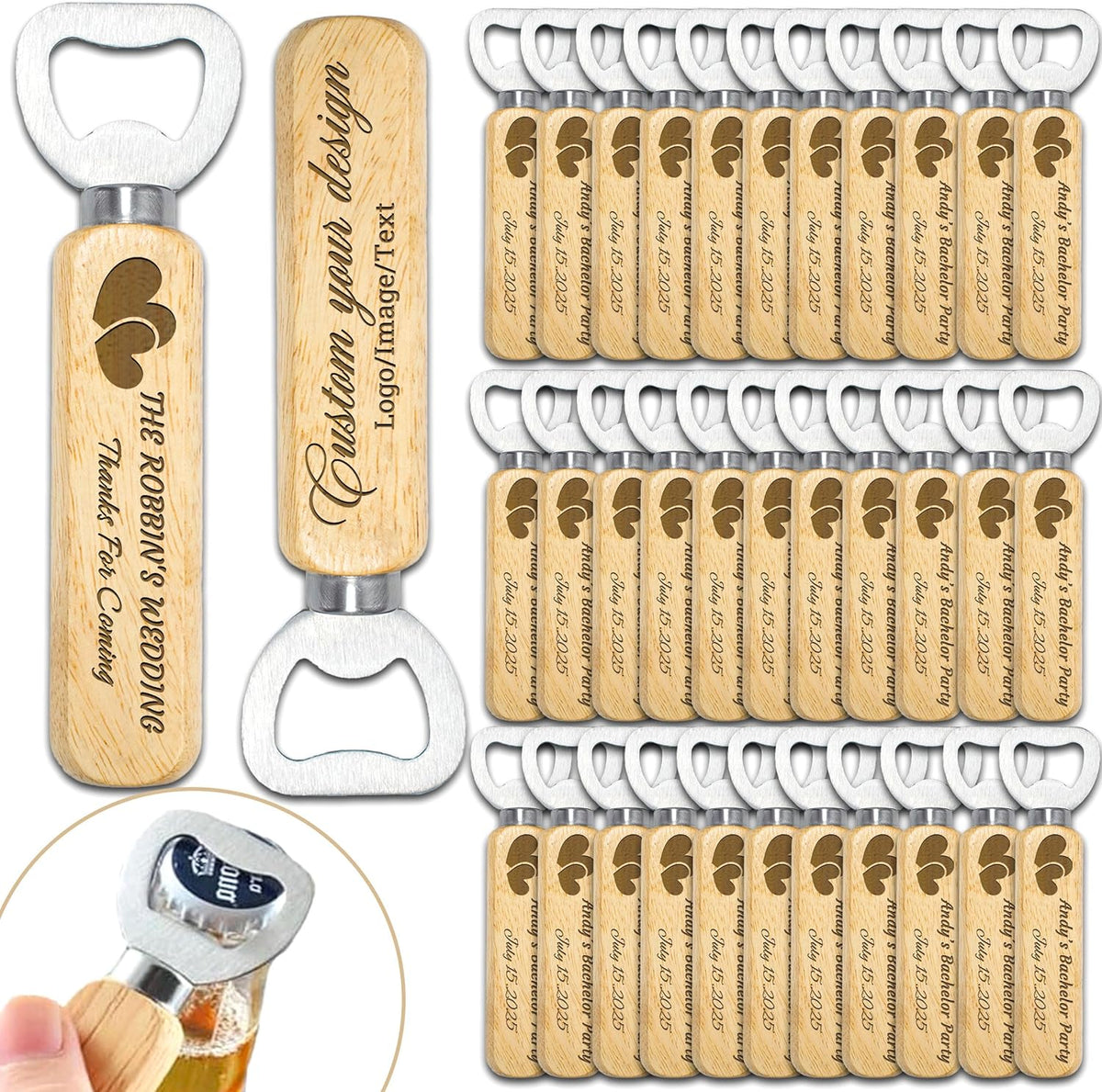 15-100PCS Custom Bottle Openers Bulk, Beer Bottle Opener with Wooden Handle, Engraved Groomsmen