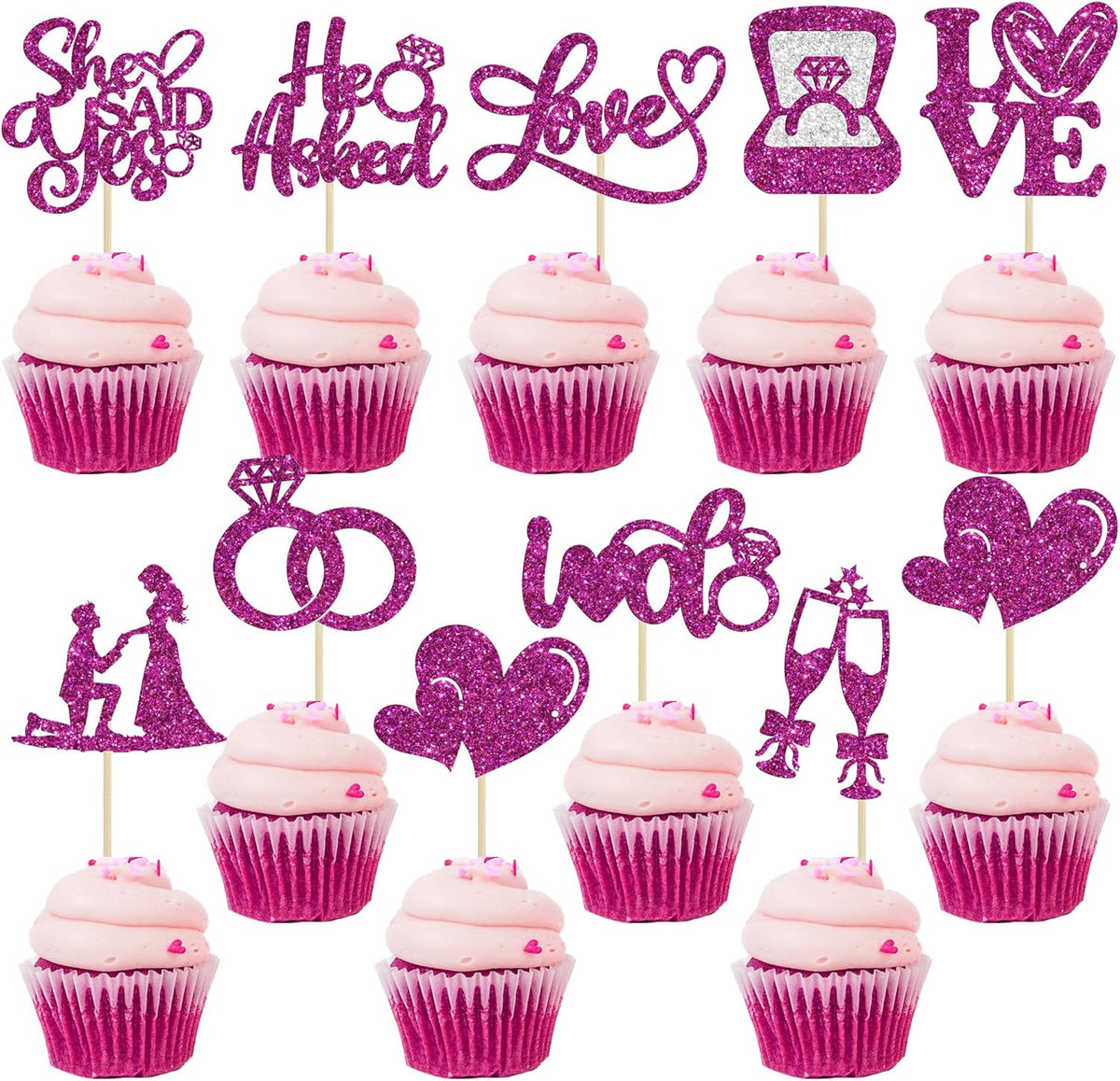 Ephlyn 30Pcs He Asked She Said Yes Cupcake Toppers Glitter Engagement Cupcake Toppers Diamond Ring