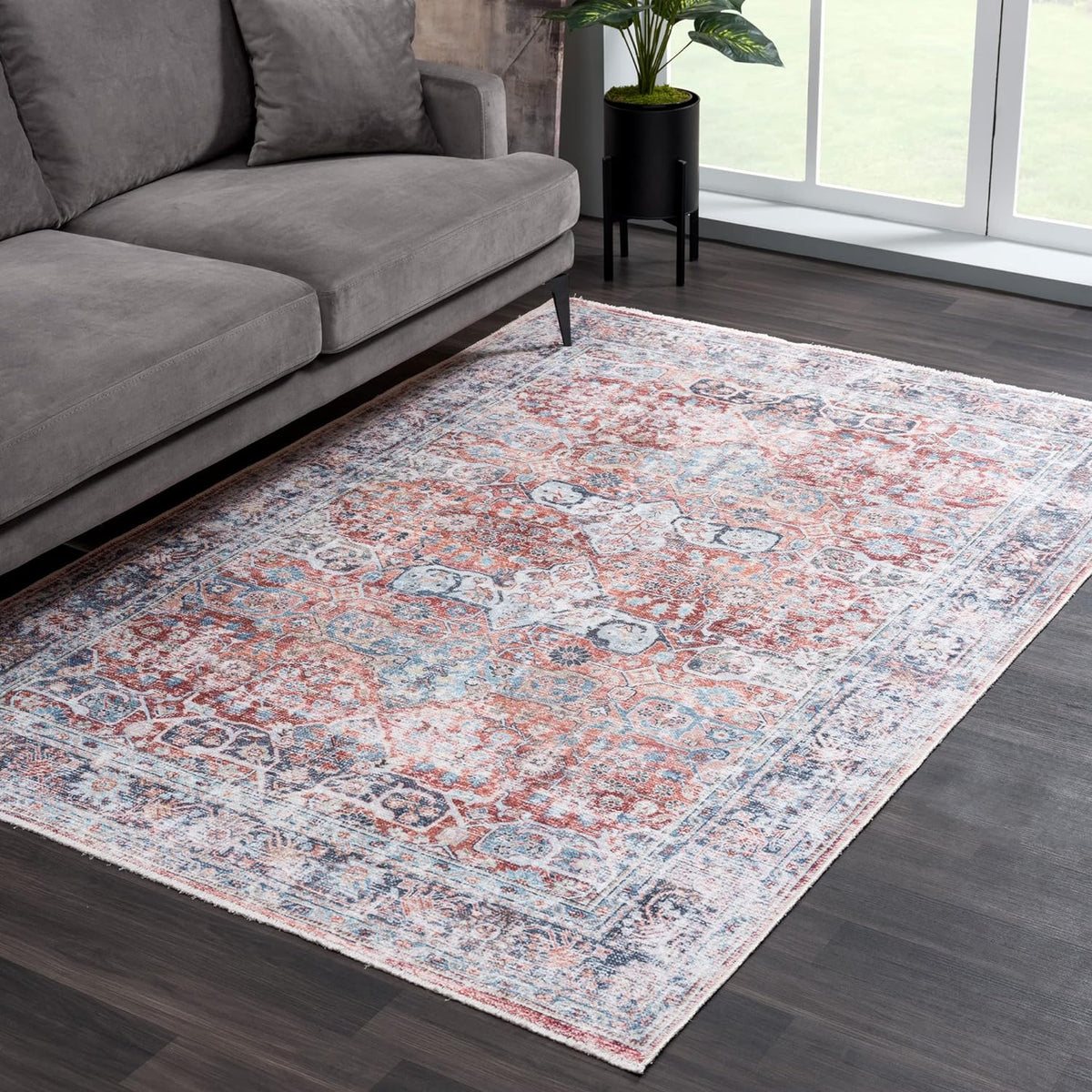 Bloom Rugs Caria Washable Non-Slip 8x10 Rug - Brick/Dark Blue Traditional Area Rug for Living Room