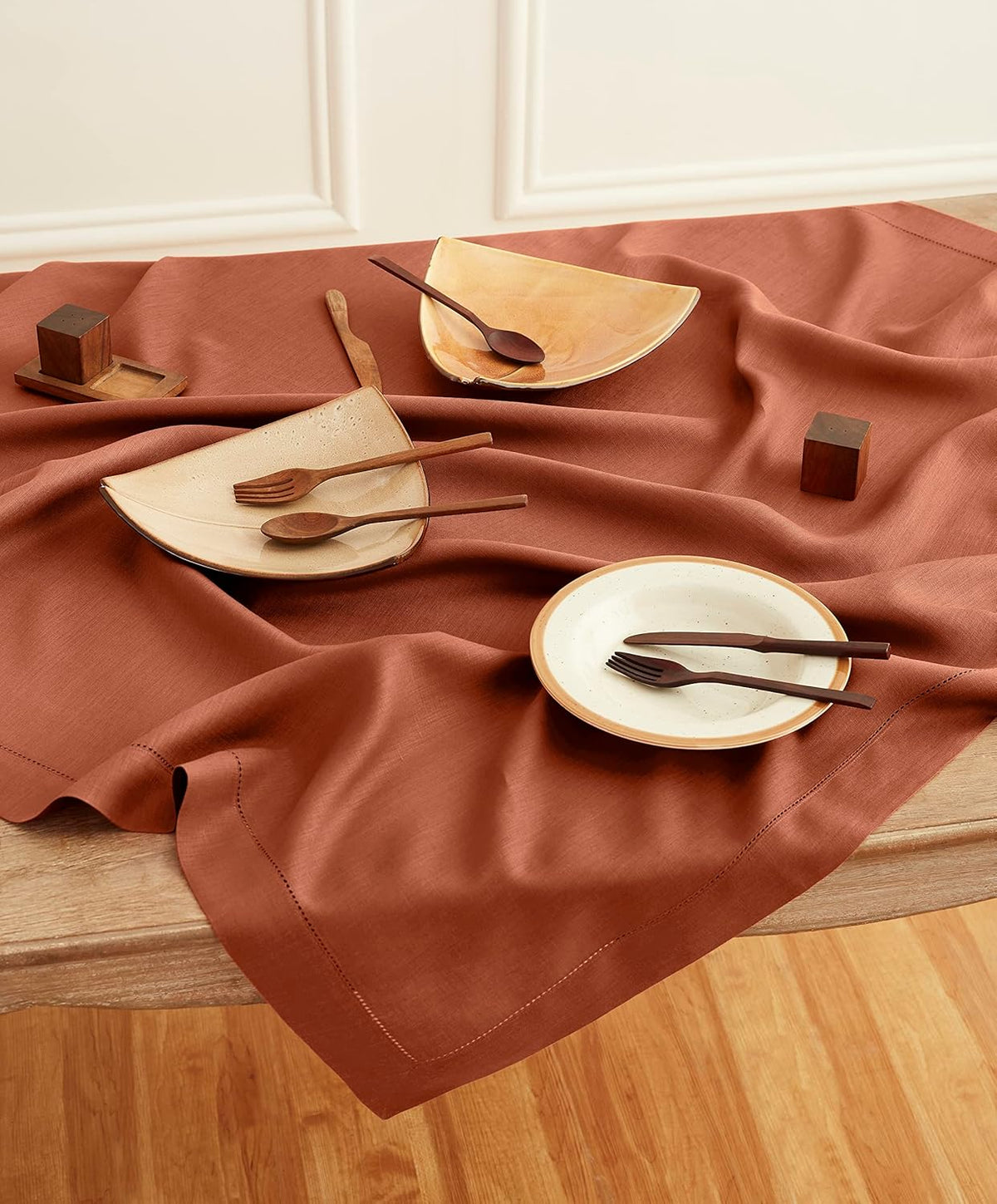 Solino Home Linen Cinnamon Tablecloth 52 x 52 Inch - 100% Pure Linen Square Table Throw - Classic