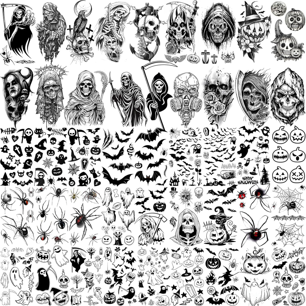 61 Sheets Halloween Temporary Tattoos for Men Women Adults, 12 Sheets Skeleton Death Skull Demon