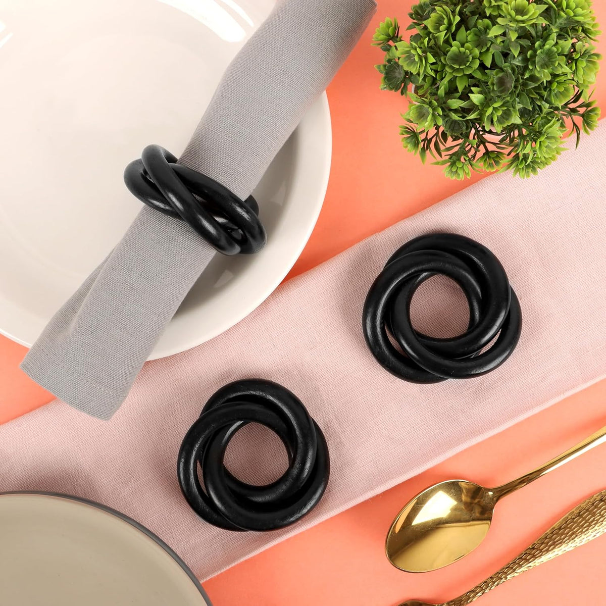 Three Ring Wooden Napkin Rings Set of 12 - Acacia Wood Interlocked Napkin Holder Cuffs for Dinner