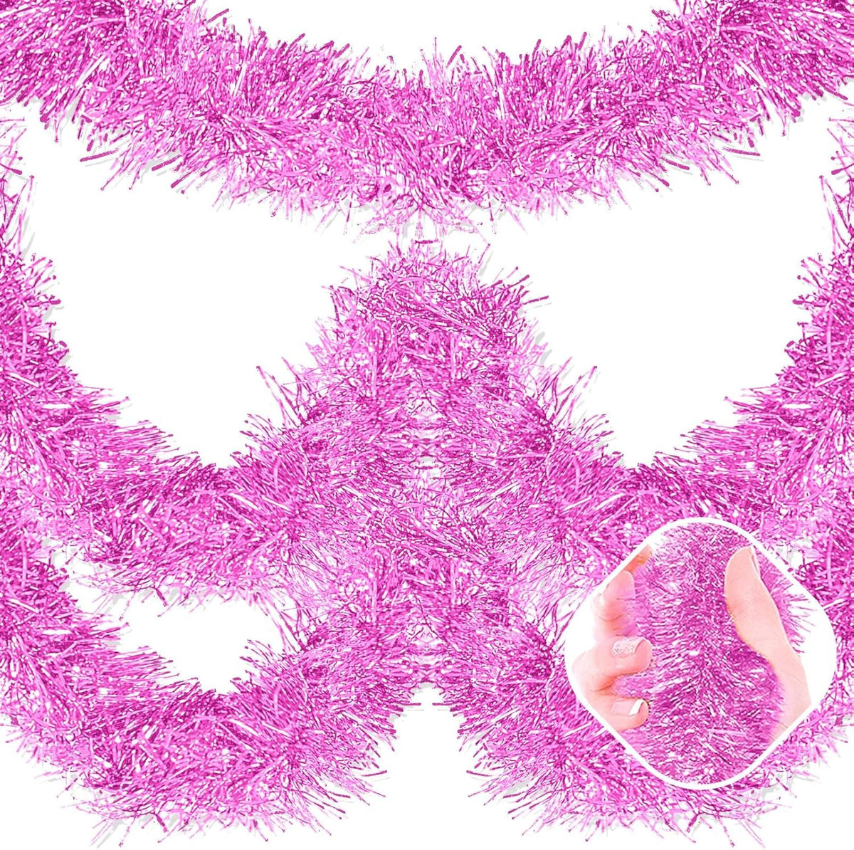 25 Feet Macaron Pink Christmas Tinsel Garland, Metallic Foil Twist Garland Wall Hanging Tinsel
