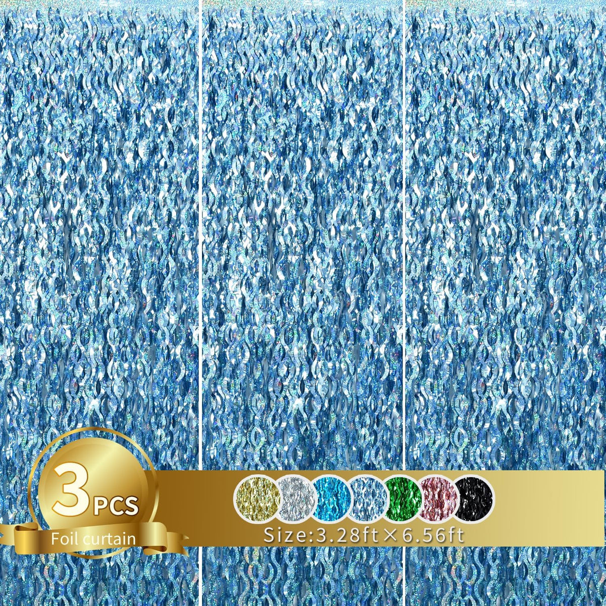TONIFUL 3Pcs Wavy Metallic Tinsel Foil Fringe Curtains Light Blue Streamer Backdrop for Photo Booth