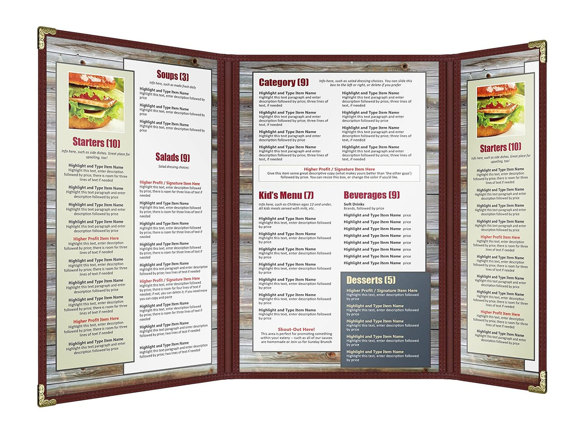 Goodsmart Restaurant Menu Covers – 25 Pack Burgundy 6 Views Trifold, Side-Loading Menu Holders