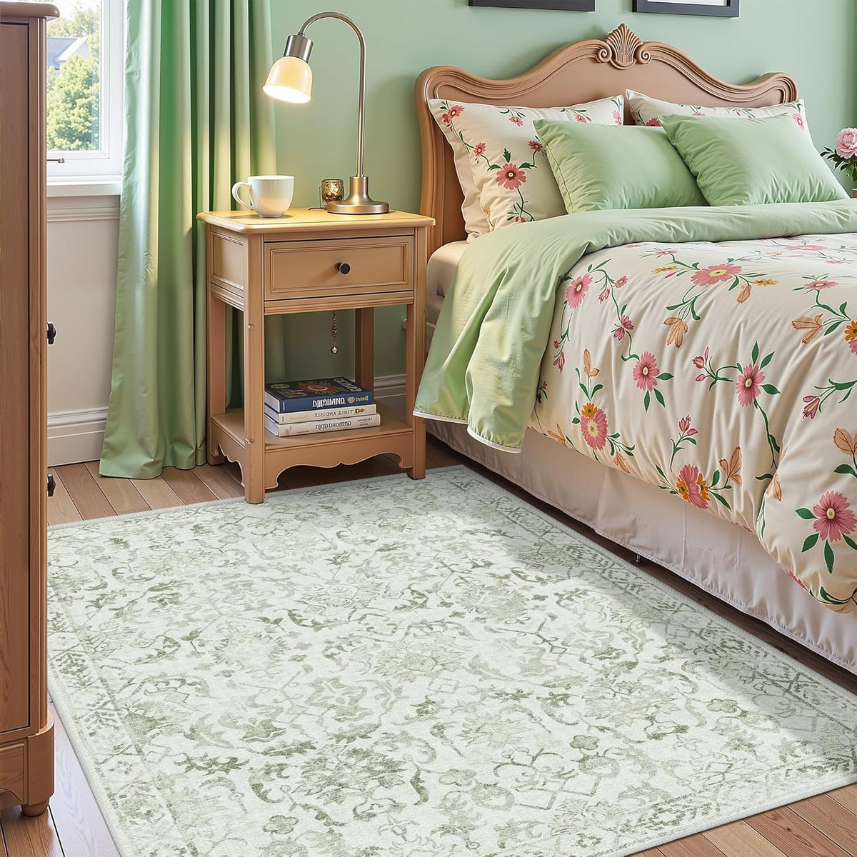 Sage Vintage Area Rug 4x6 for Living Room Bedroom, Washable Distressed Farmhouse Soft Thin