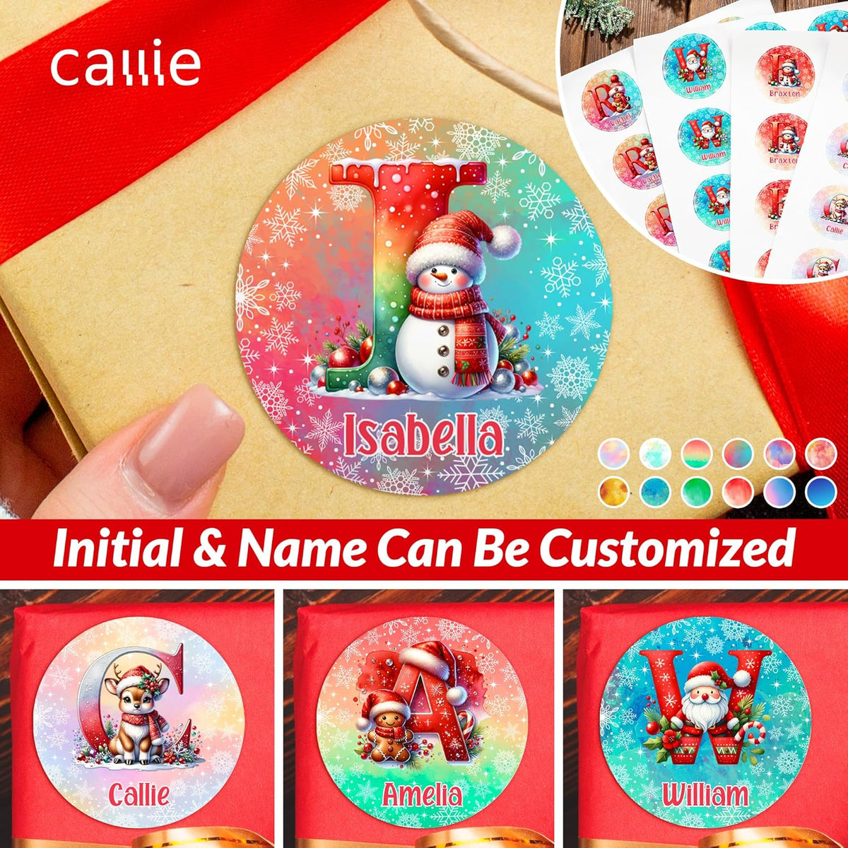 callie Personalized Christmas Stickers - Custom Name & Initial, 1.97 Inch Cute Elk Santa Penguin